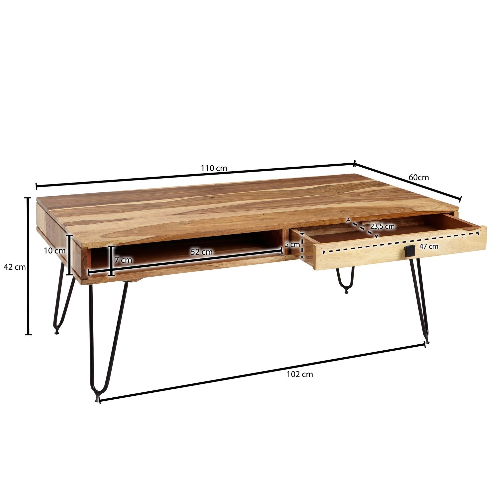 Couchtisch Sofatisch Massivholz cm (Akazie Rechteckig Wohnzimmertisch, Ablage), FINEBUY Großer 110x60x40 mit SuVa2465_1 Schublade