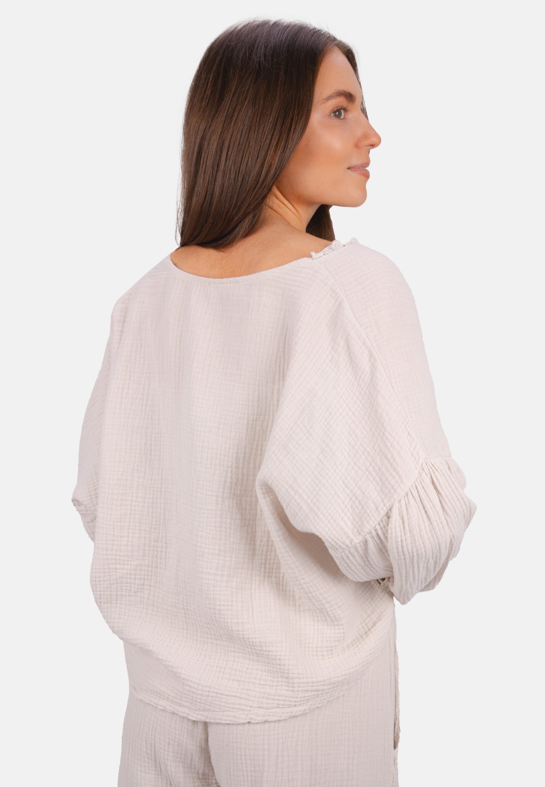Seasons of April Shirtbluse LAURA MUSSELIN Musselin Bluse mit Spitze & Bindeband – im Boho Stil Frühling/Sommer