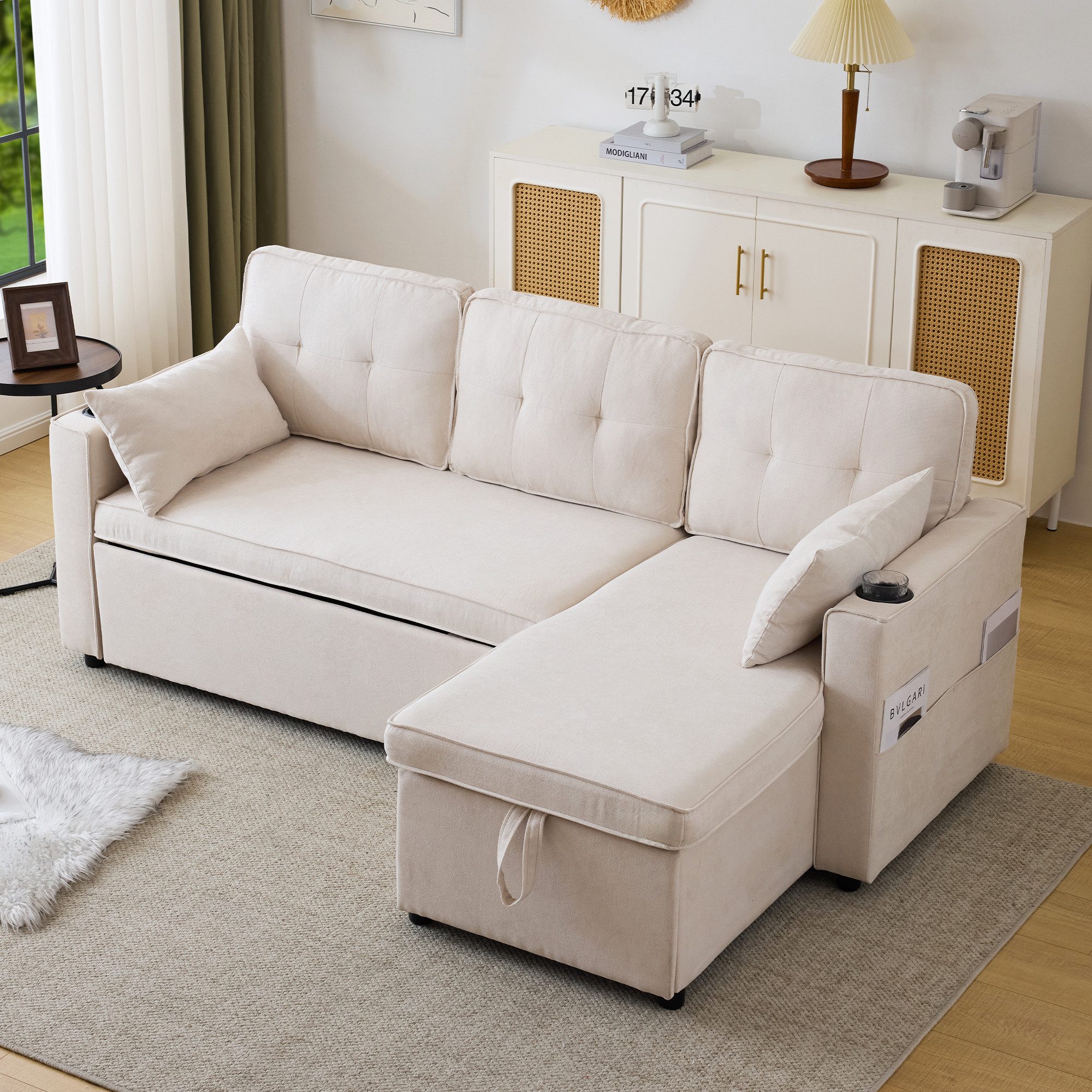 Big-Sofa Schlafsofa Polstersofa mit Stauraum, Getränkehalter, Seitentaschen