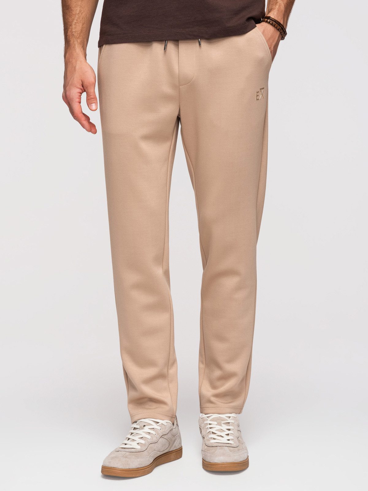 OMBRE Sweathose Herren Sweathose Regular Fit Jersey Beige S (kein Set, 1-tlg) Brandmarken-Details