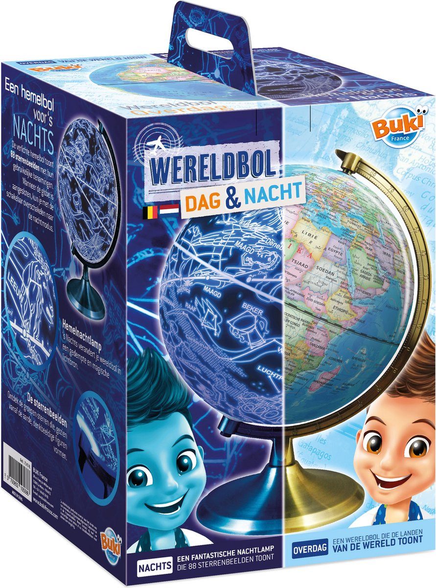 Buki France Globus Weltkugel Tag-Nacht - beleuchtet - 20 cm Durchmesser - Metallrahmen, Lernglobus mit Tag/Nacht-Beleuchtung, Metallrahmen, illustrierte Anlei