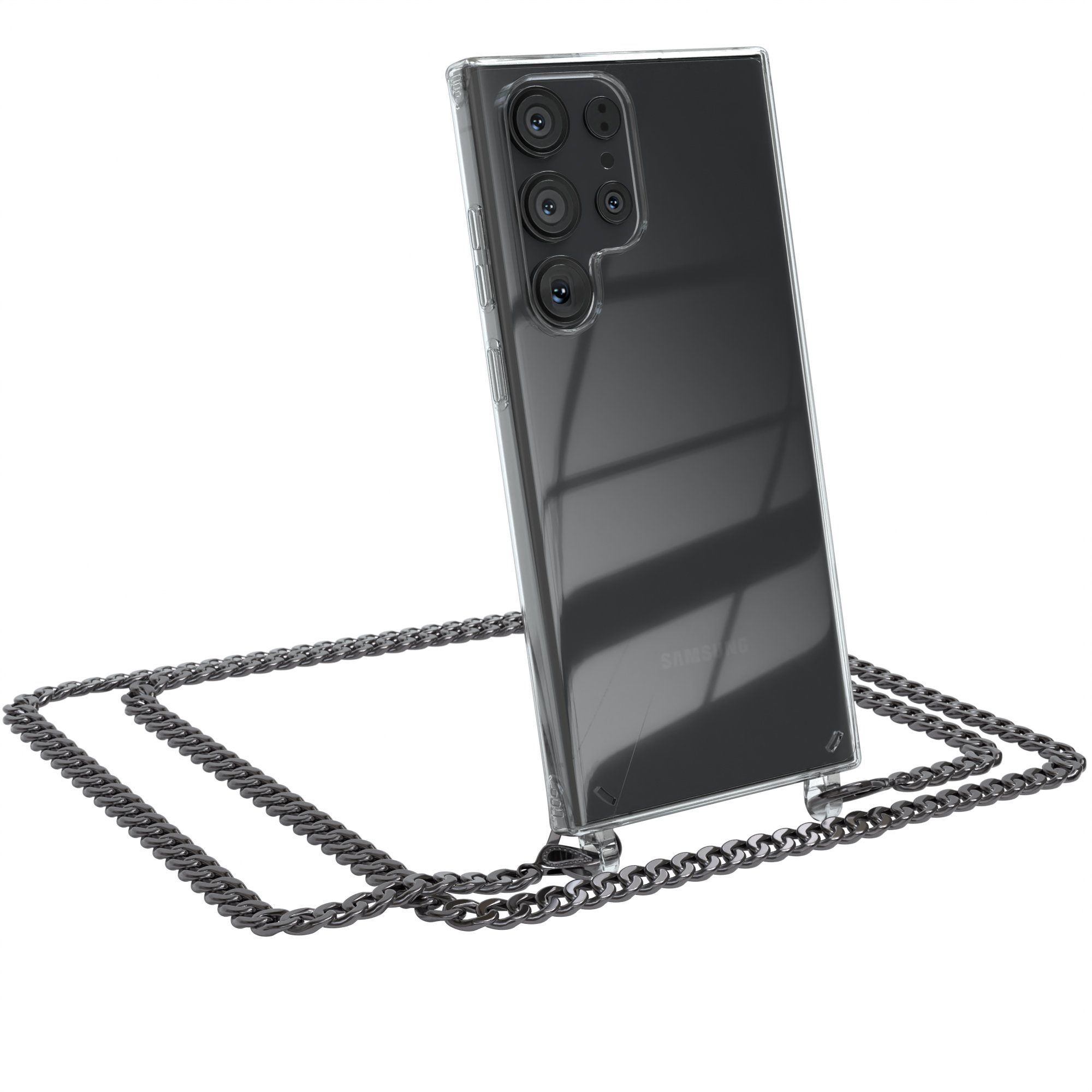 EAZY CASE Handykette 2in1 Metallkette für Samsung Galaxy S23 Ultra 6,8 Zoll, Handykordel Kette zum Umhängen Cross Bag Schutzhülle Anthrazit Grau