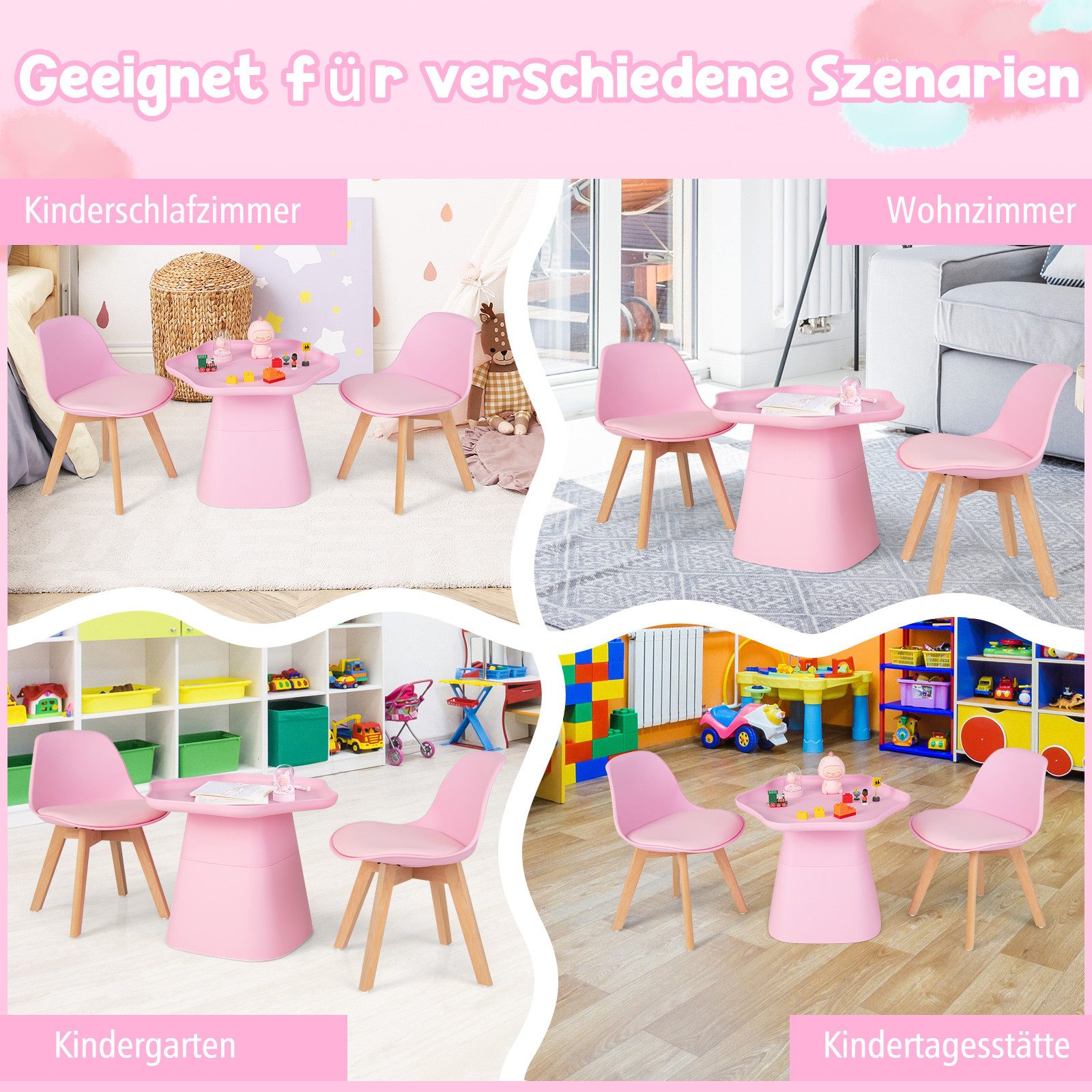 COSTWAY Children's Seating Set (3-piece), with children's table, 2 upholstered chairs, made of beech wood