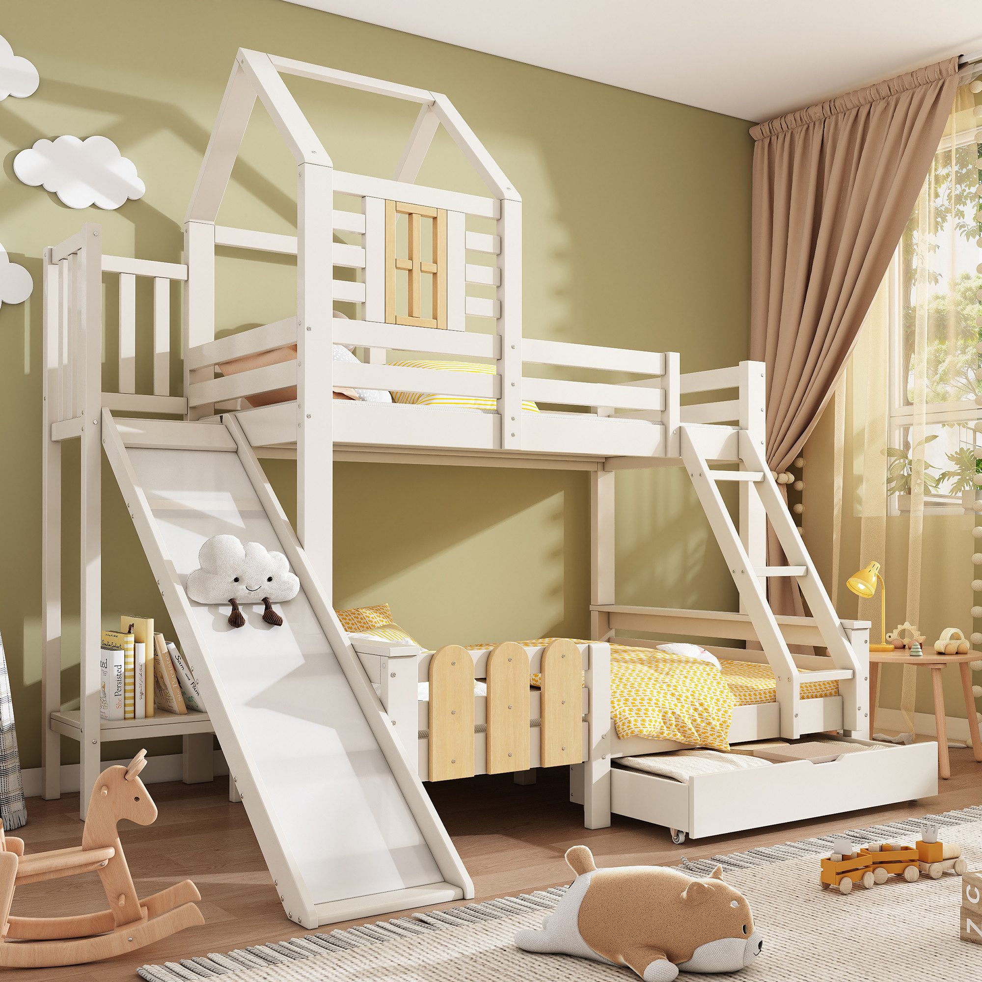 Flieks Etagenbett, Hausbett Kinderbett 90/140x200cm mit Schublade, Rutsche günstig online kaufen