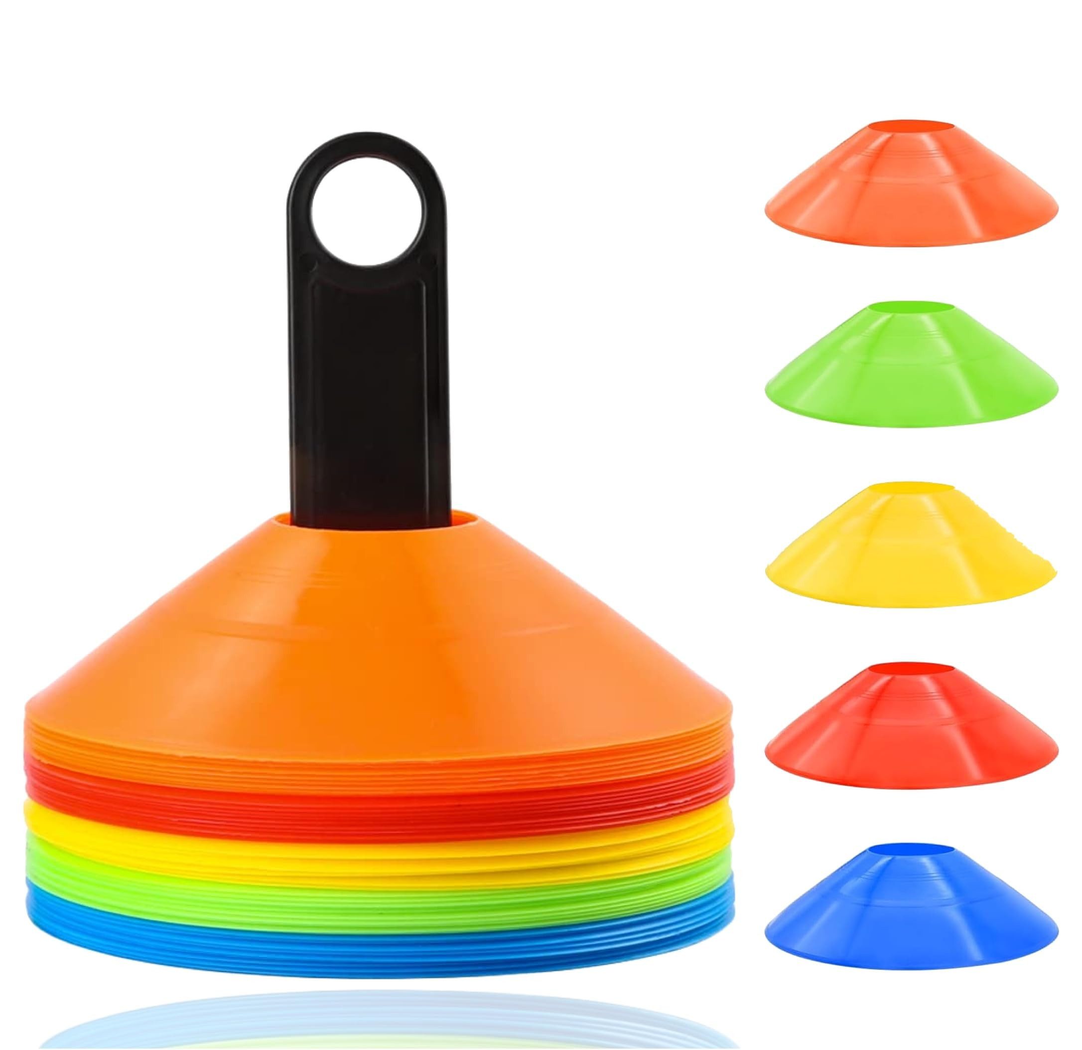 Sportyfits® Markierungshütchen 25x Markierungshütchen Hütchen für Slalom Trainingszubehör Sport (25er Set, 25 St., 25 Hütchen in 5 verschiedenen Farben), Flexibles Material / inkl. Halterung