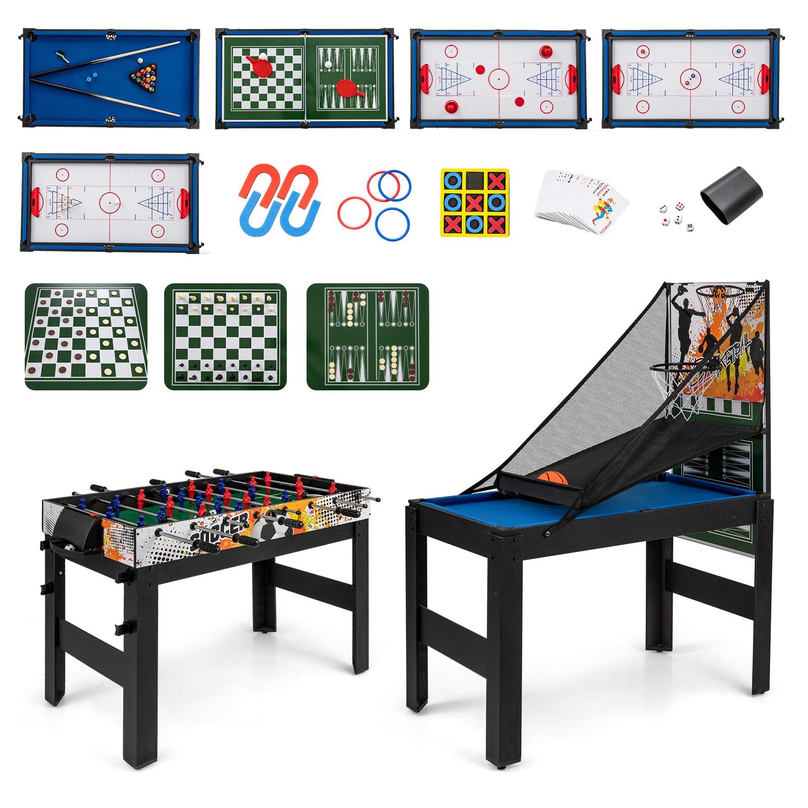 COSTWAY Kickertisch 15 in 1, Spieltisch Multifunktionstisch 109x105x90,5cm