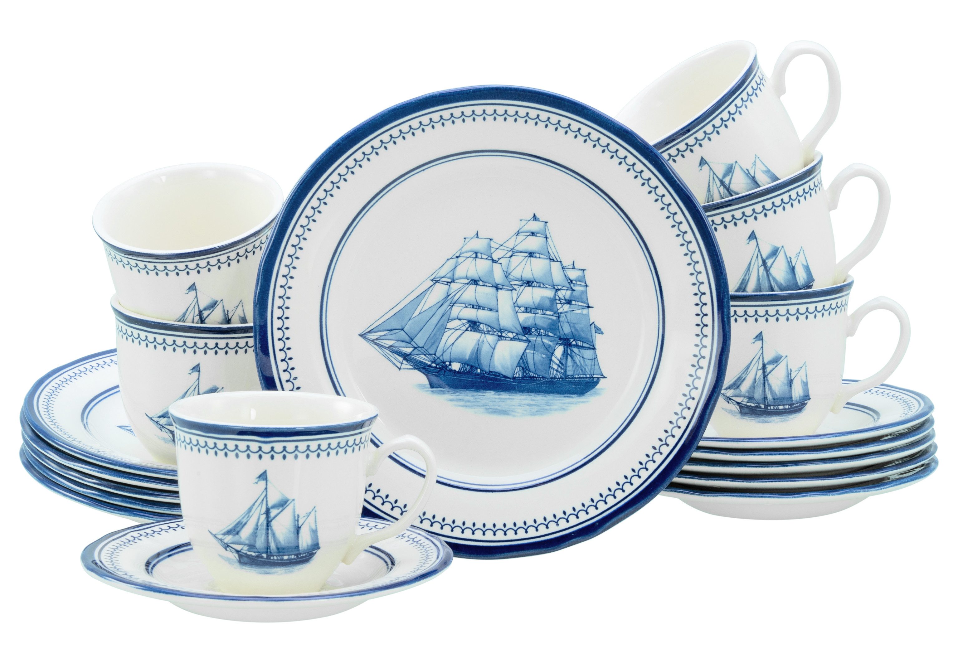 CreaTable Kaffeeservice Segelschiff, Service 18-tlg. (18-tlg), 6 Personen, Steingut, Elegante Fahnenform, Schiffsdekor