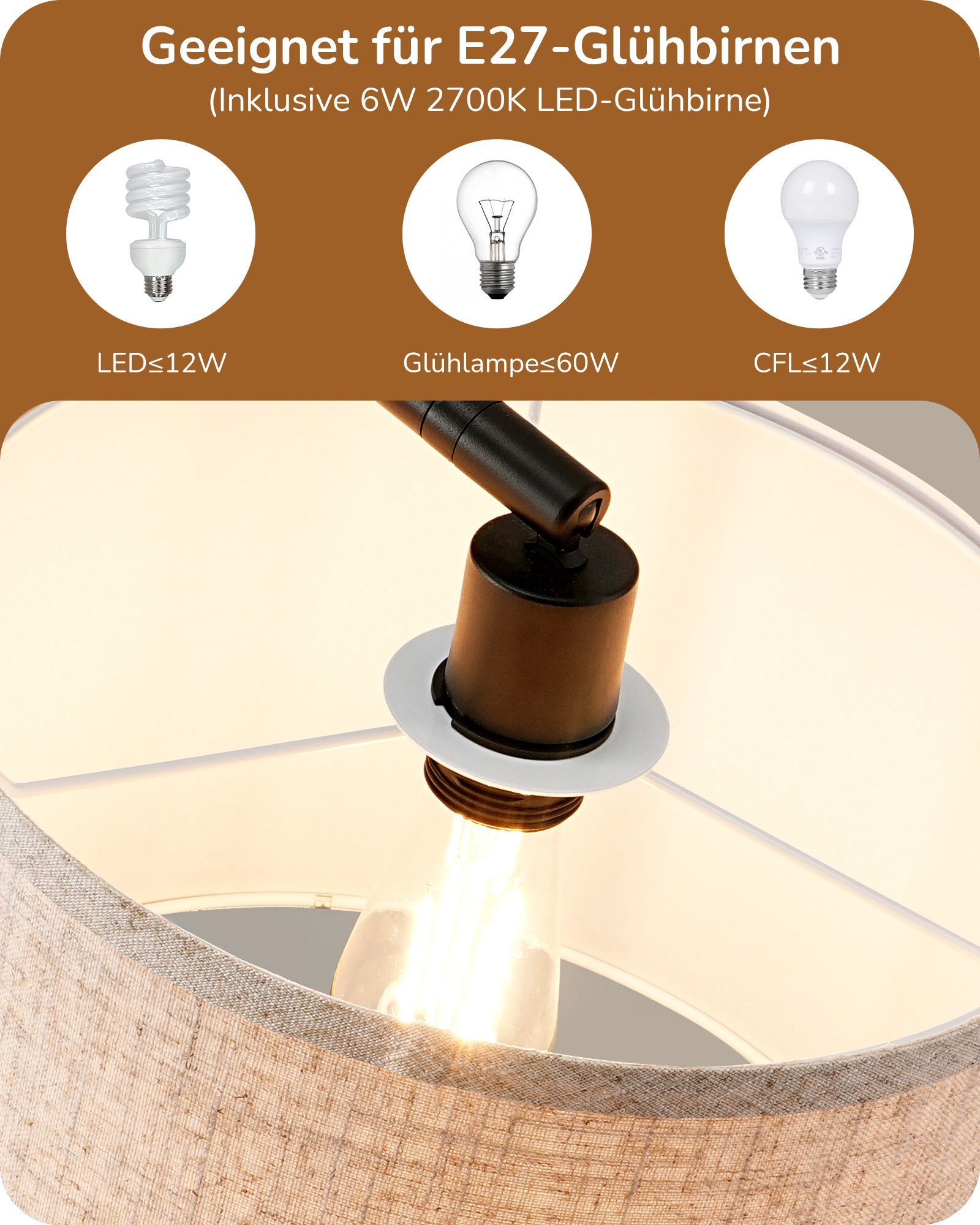 EDISHINE Stehlampe Wohnzimmer, mit E27 LED-Glühbirne, warmweiß, 161cm Bogenlampe mit Leinen-Lampenschirm