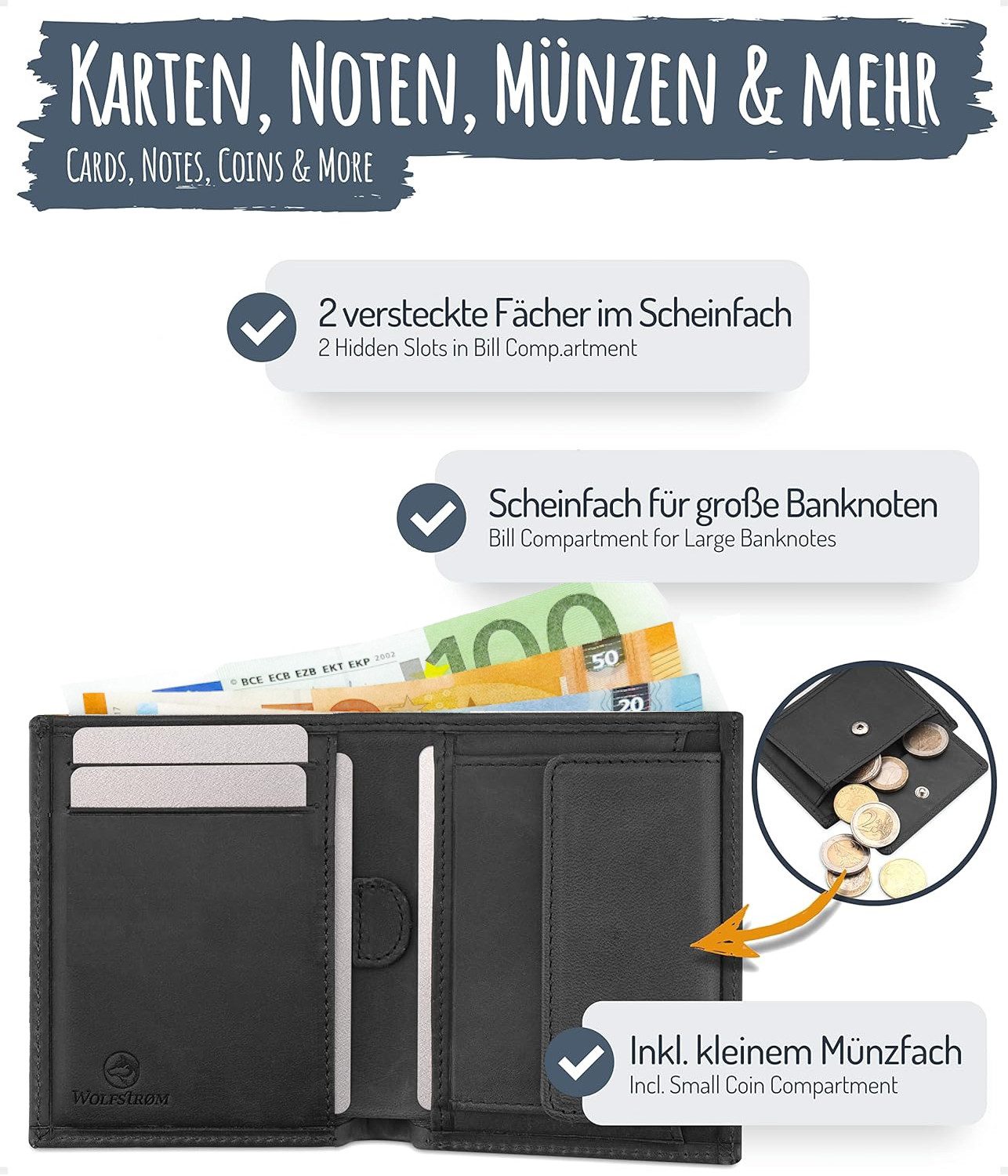 Wolfstrøm Geldbörse 'Svåla Classic' - Mini Portemonnaie Leder, Slim-Wallet mit NFC Schutz (Geschenkbox, Made in Europe), Vollnarbenleder, Made in Europe, Bis zu – Bild 3 von 5