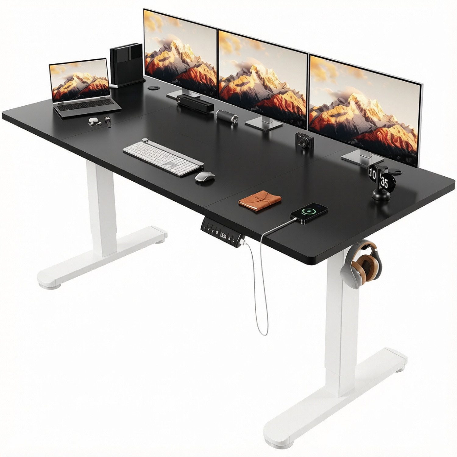 HOMALL Schreibtisch Höhenverstellbarer Elektrisch Schreibtisch, Vierteilige Tischplatte (GroBe MaBe: 140 x 70 cm, 160/180 x 80 cm mit USB-Ladeanschluss, in 3 Stufen hoherverstellbar)