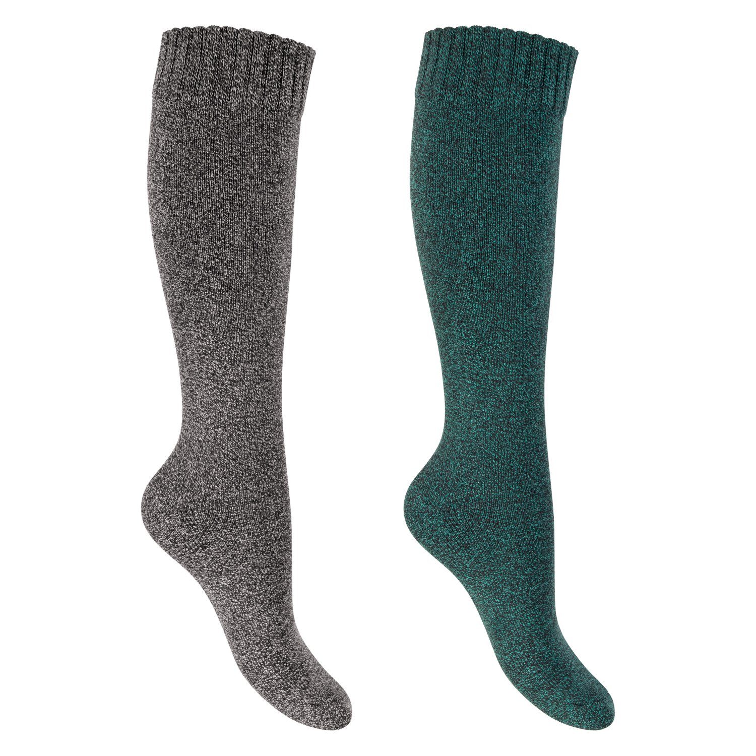 Footstar Thermosocken Damen Frottee Kniestrümpfe (2/4 Paar), Baumwolle, Thermo 2er Grün-Grau