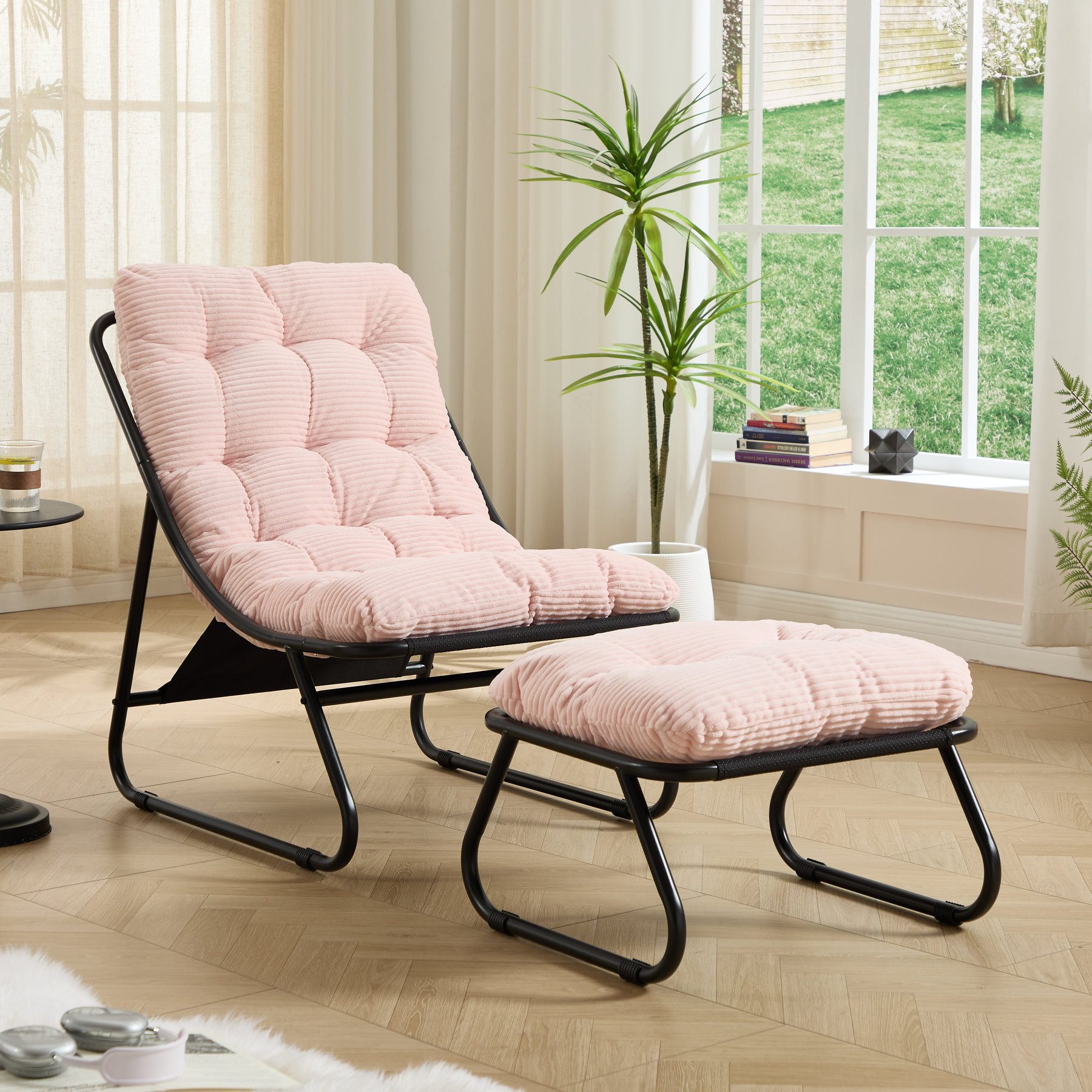 Odikalo Chaiselongue Relaxsessel Gartenstühle Gartenliege Freizeitstuhl mit schlaffunktion, Lounge-Sessel für die Terrasse mit Ottoman–Bequemer Relaxsessel mit weichem Polster und Fußhocker ideal für Wohn-Schlaf-und Lesezimmer Gestell und Polster in Beige
