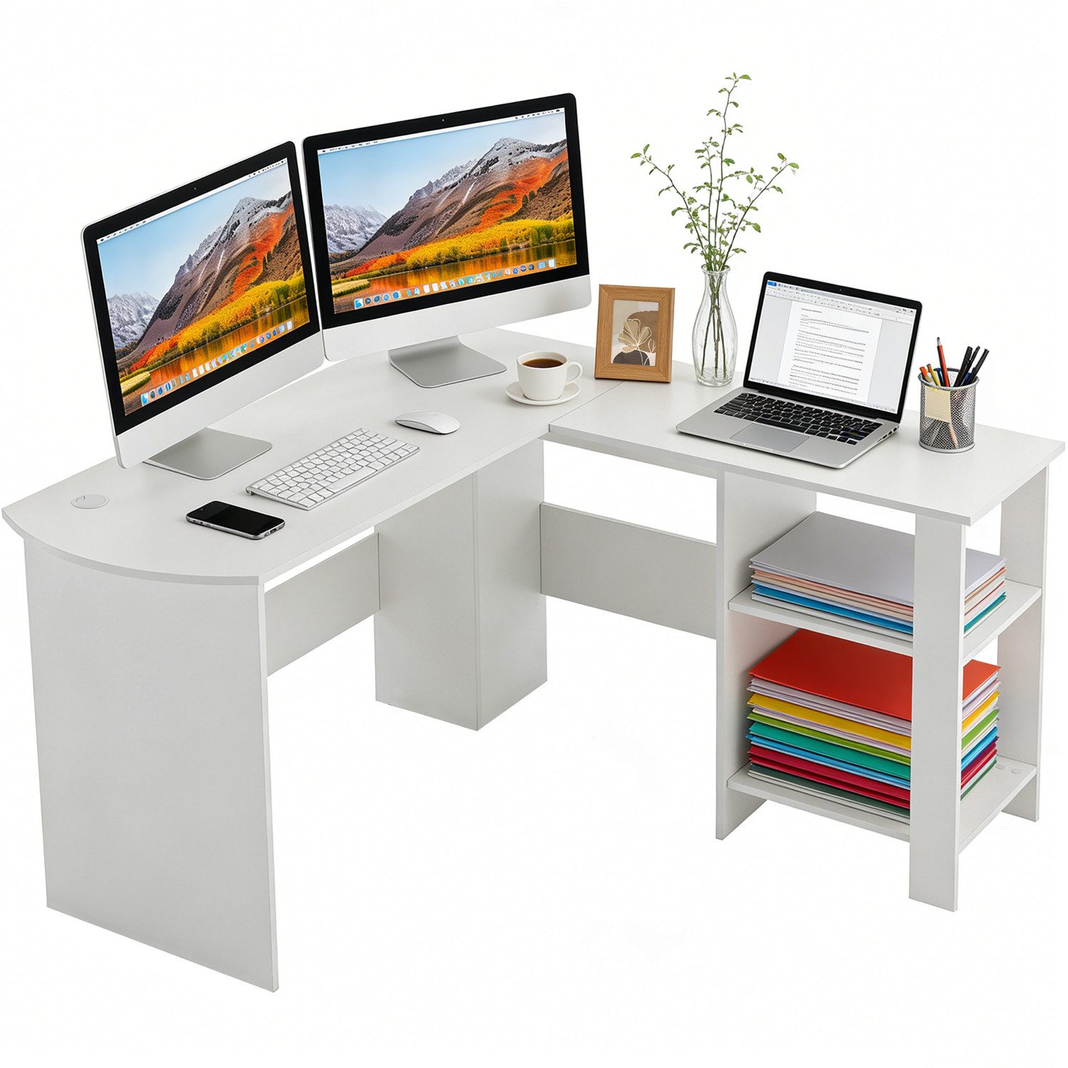 DUMOS Eckschreibtisch L-Form mit Ablagen und Kabelmanagement, Computertisch Weiß (ein Tisch), Stauraum, große Tischplatte