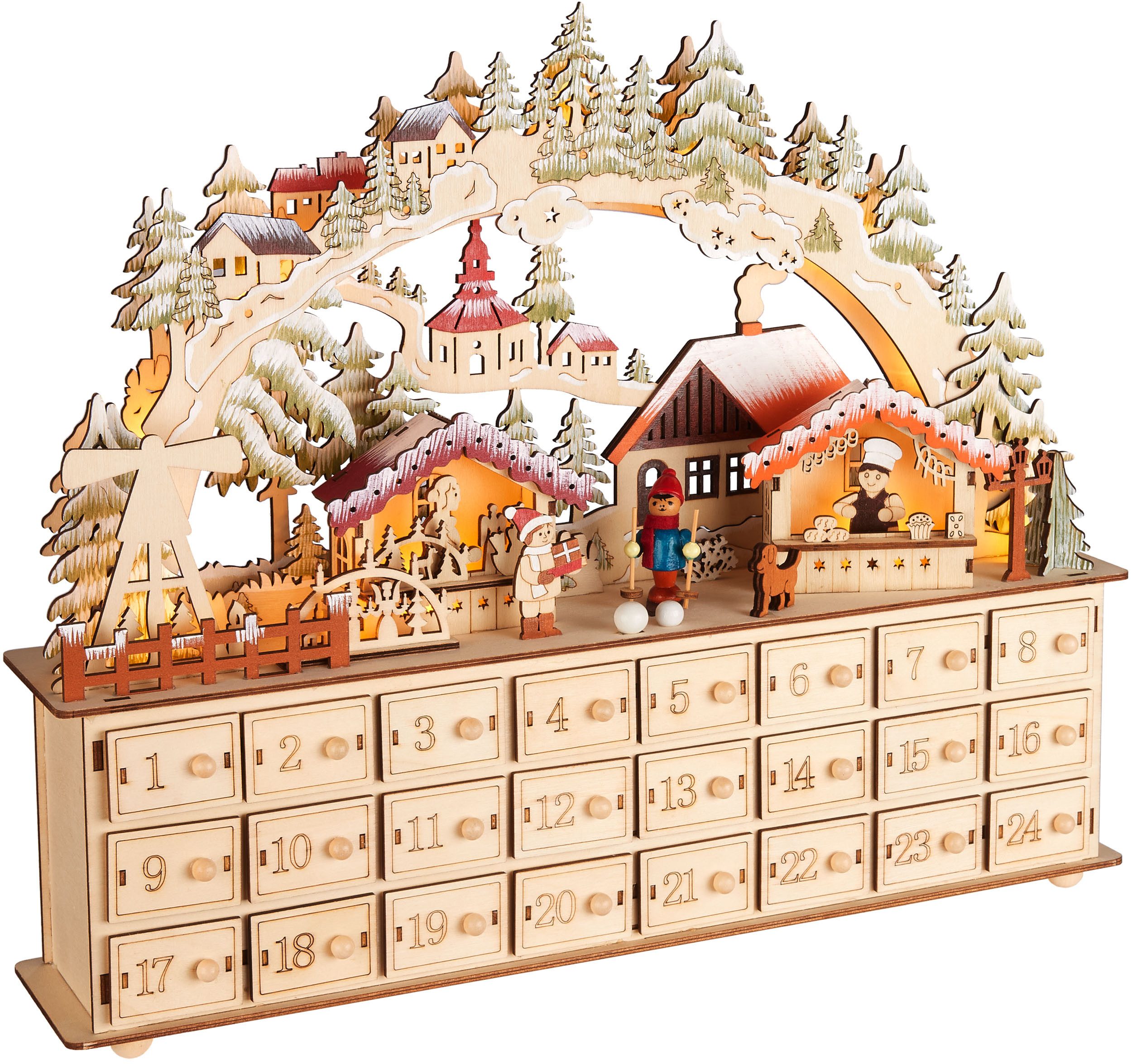 BRUBAKER befüllbarer Adventskalender Weihnachtsdorf 2024 - 40 cm Holz Weihnachtskalender + LED Beleuchtung (Adventskalender zum Befüllen mit Bogen - Beleuchtet, 1-tlg), Dorf mit Kindern, Bäckerei, Hund und Wald