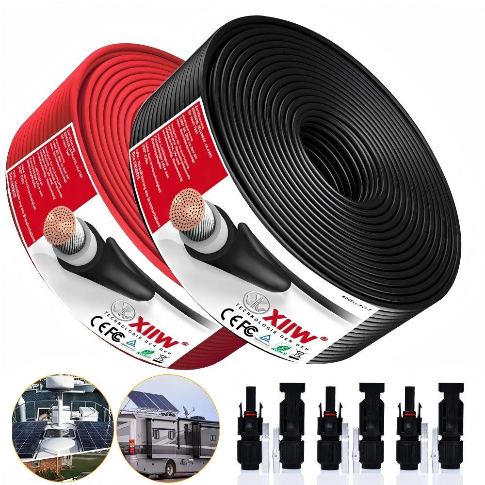 XERSEK Solaranlage 2X Schwarz+Rot Solarkabel 4mm² 6mm² 10mm² Photovoltaik 30A/65A Stecker, (10m 25m 50m 100m), 1500V DC, PV-Anlage,Kupferverzinnung Photovoltaik