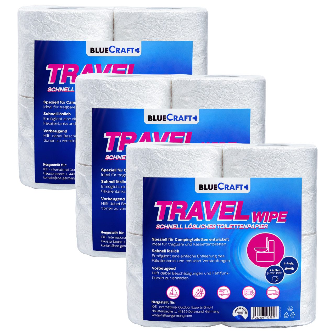 BlueCraft Toilettenpapier Camping selbstauflösend Chemie-WC Wohnmobil Campingtoilette 2 lagig (Set 3-St. 12 Rollen schnell lösliches Toilettenpapier), Vorratsset mit 12 Rollen schnell lösliches Camping Toilettenpapier