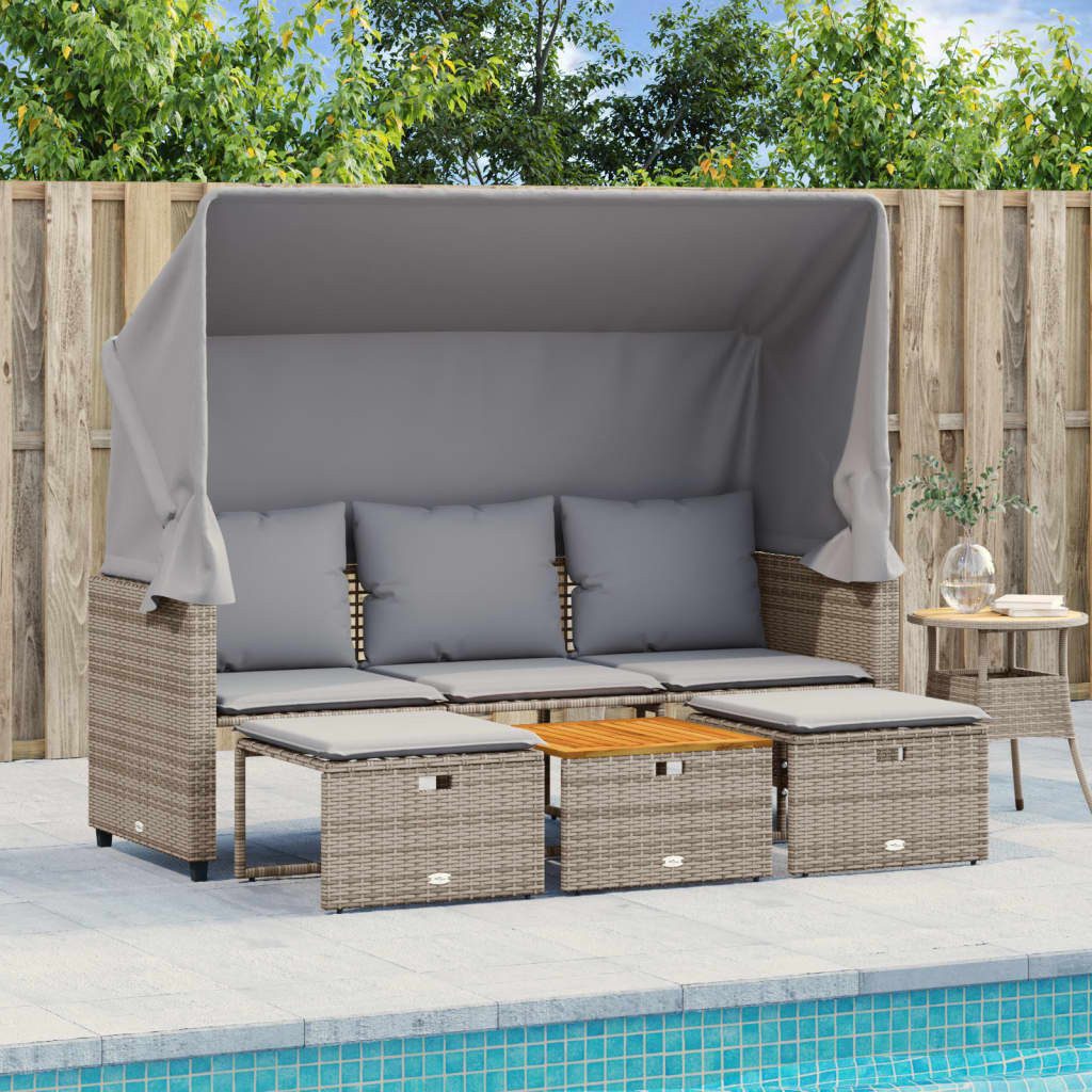 vidaXL Loungesofa Outdoor-Sofa 3-Sitzer mit Dach und Hockern Grau Poly Rattan, 1 Teile