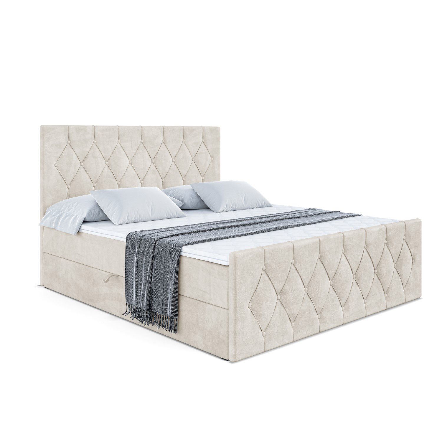 ALTDECOR Boxbett VELANTO (mit Matratze Lattenrost Topper Polsterbett mit Bettkasten Doppelbett), H4 Multipocket / H3 Bonellfederung, Springboxbett Boxspringbett