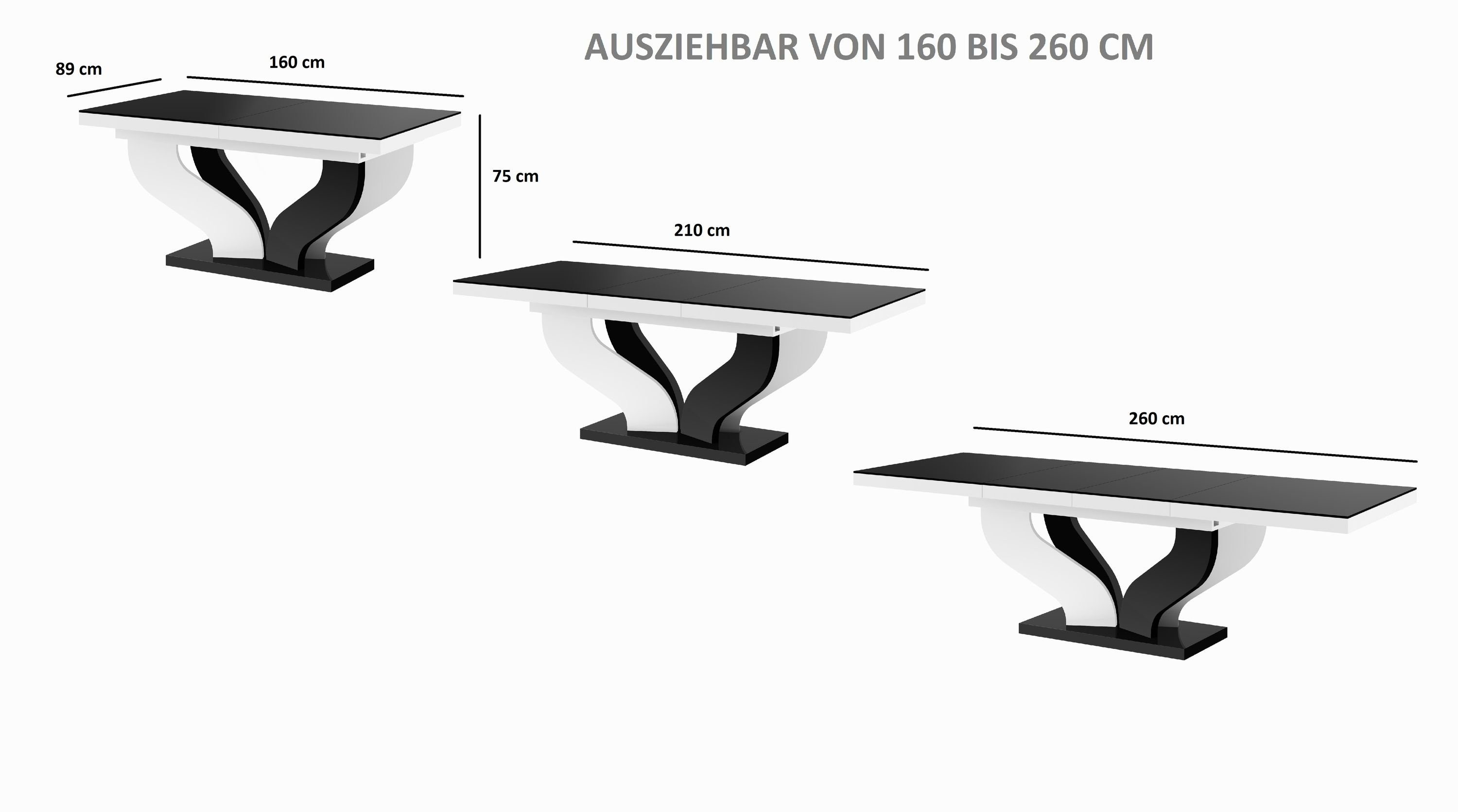 Schwarz Design Weiß ausziehbar 256cm Schwarz HEB-222 Hochglanz / Tisch 160 designimpex Hochglanz bis Hochglanz / Weiß Esstisch