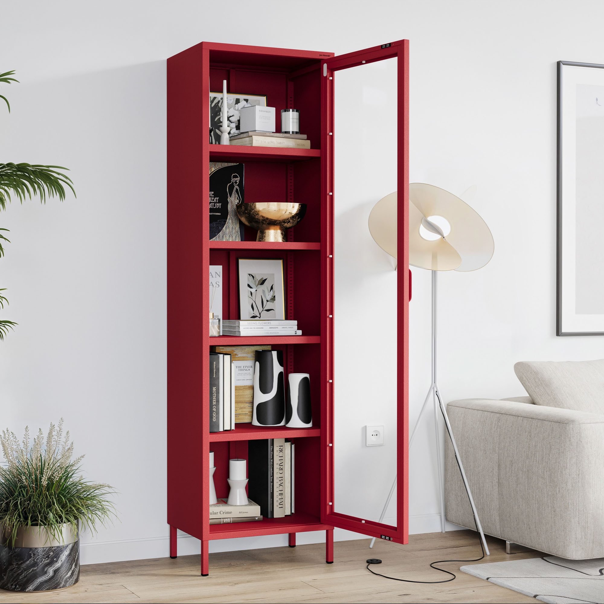 Jan Nowak Vitrine LUIGI Vitrine Schmal Glas Metall 50x180x35cm 4 Regale Sparkling (Stahl 0,6mm, 4 Regale 30kg, Hartglas, Wandmontage möglich) Brilliance Beine regulierbar Wohnzimmer Salon