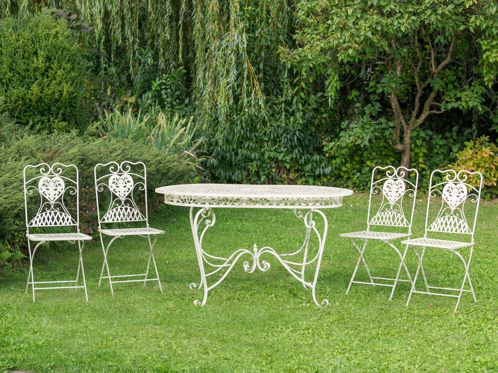 Garnitur Stühle 4 Stil Gartentisch creme weiss Gartenmöbel Eisen antik Aubaho Sitzgruppe