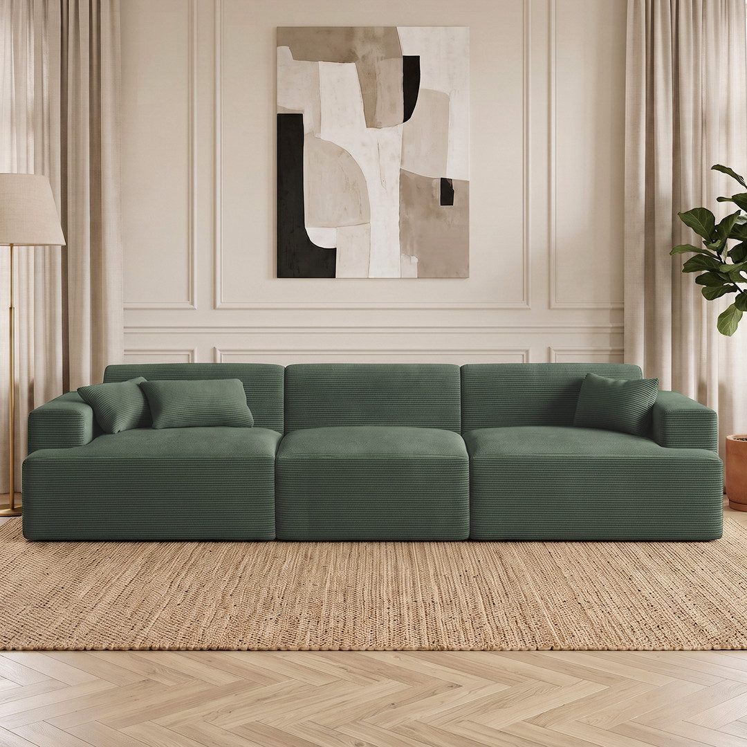 skølm Sofa Freki aus Cord, Vollschaumcouch mit Federkern und Vakuum-Kompression, Dunkelgrün, Couch 3 Sitzer mit 3 Kissen, kein Aufbau erforderlich, 319 cm breit, gepolstert, vakuumiert