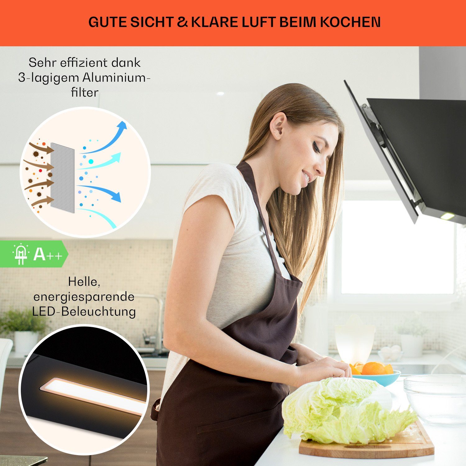 Klarstein Deckenhaube Ava Serie Kopffreihaube 90 cm Smart WiFi A++ Touch LED Abzugshaube kopffrei Abluft Umluft Wandhaube mit App & Booster – Bild 4 von 5