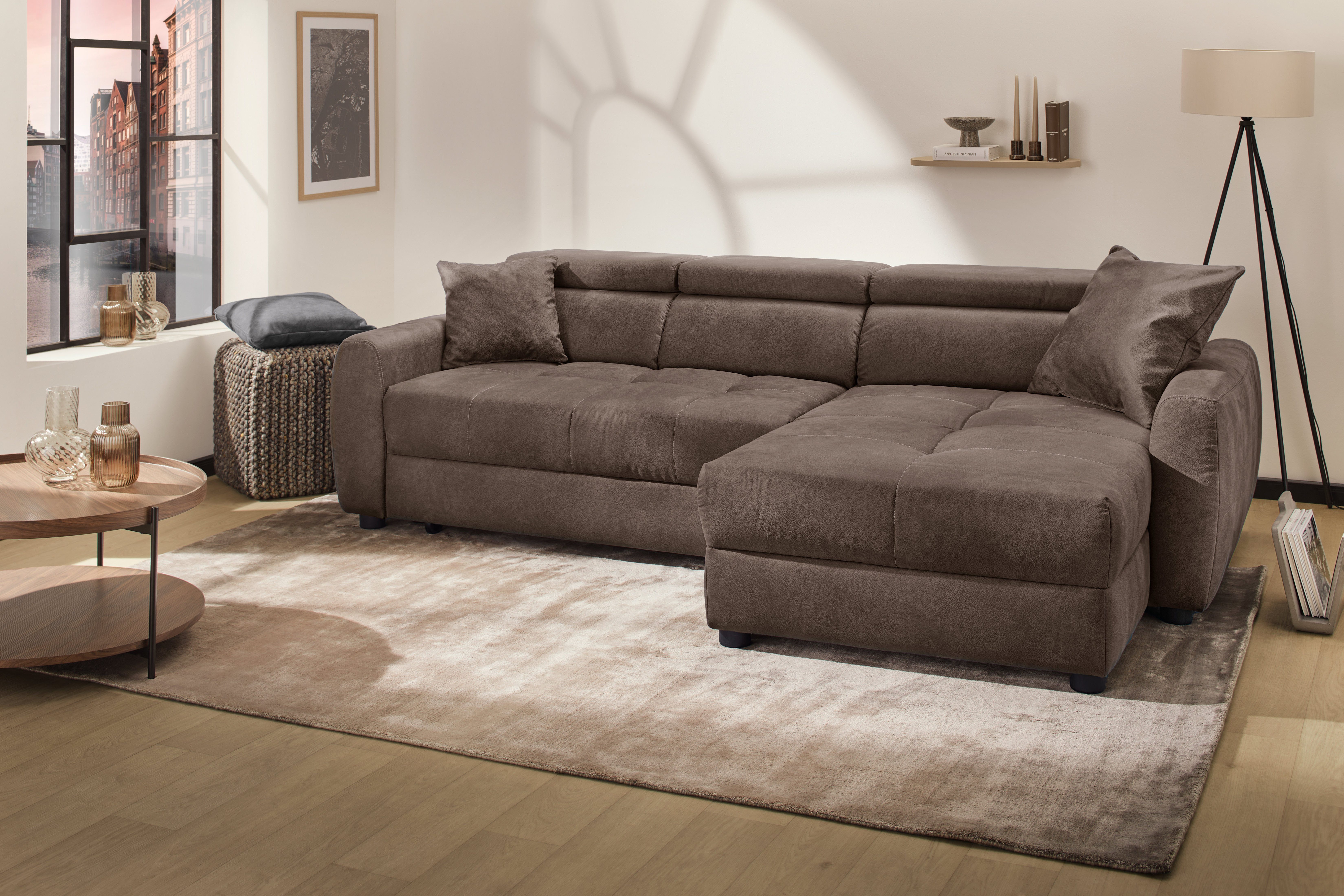 Jockenhöfer Gruppe Ecksofa Move, L-Form, B: 270cm, mit 60 cm elektrischer Sitztiefenverstellung, 140kg Belastbarkeit je Sitz, verstellbaren Kopfstützen & Zierkissen
