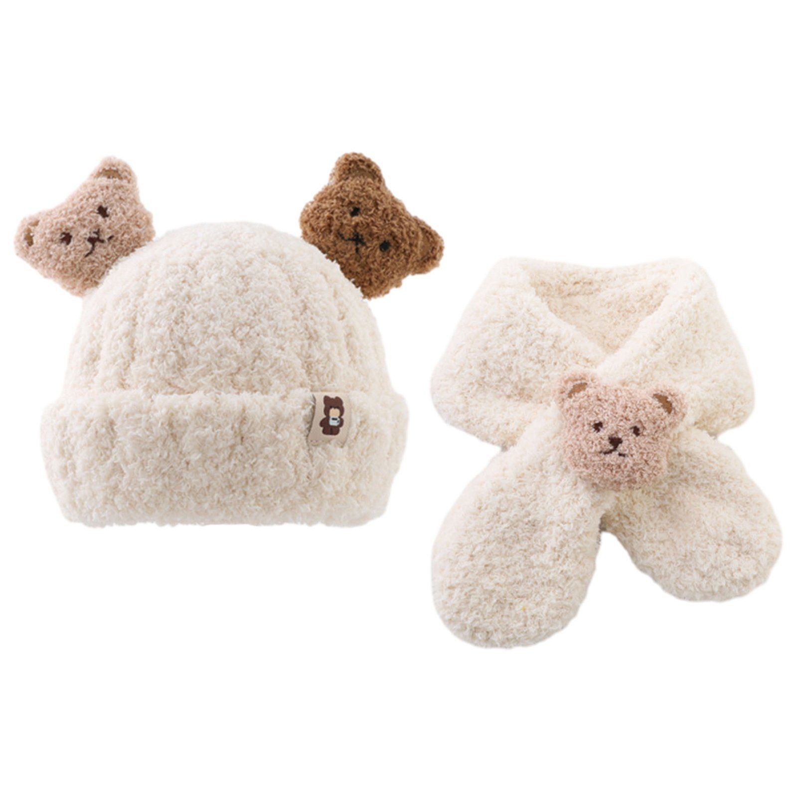 LENBEST Mütze und Herbst Winter, (2-tlg) & Schal warme Kinder-Wollmütze Baby-Strickmütze für Süße Beige