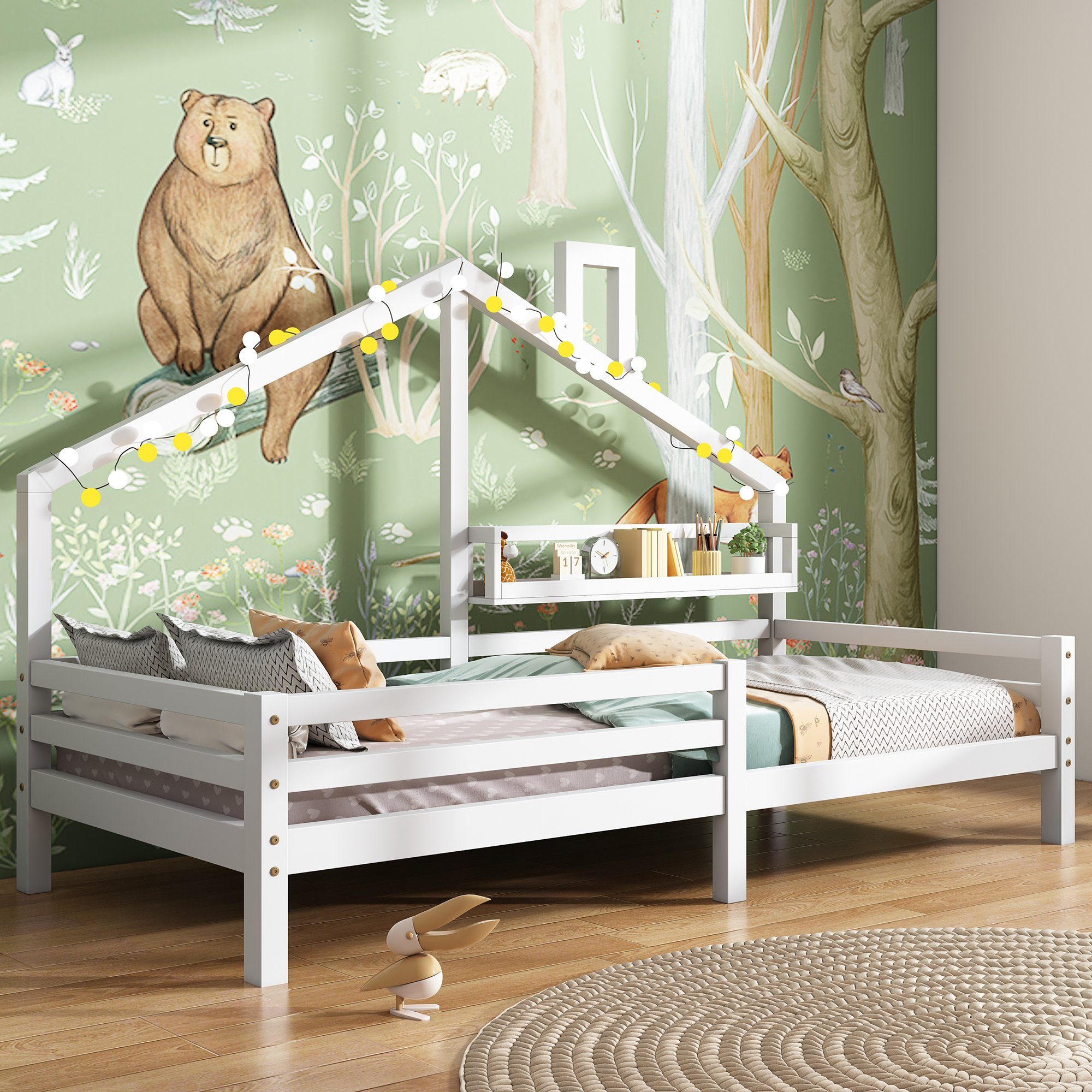 SOFTWEARY Kinderbett (Hausbett mit Lattenrost und Regal, 90x200 cm), Holzbett aus Kiefer, Einzelbett inkl. Rausfallschutz