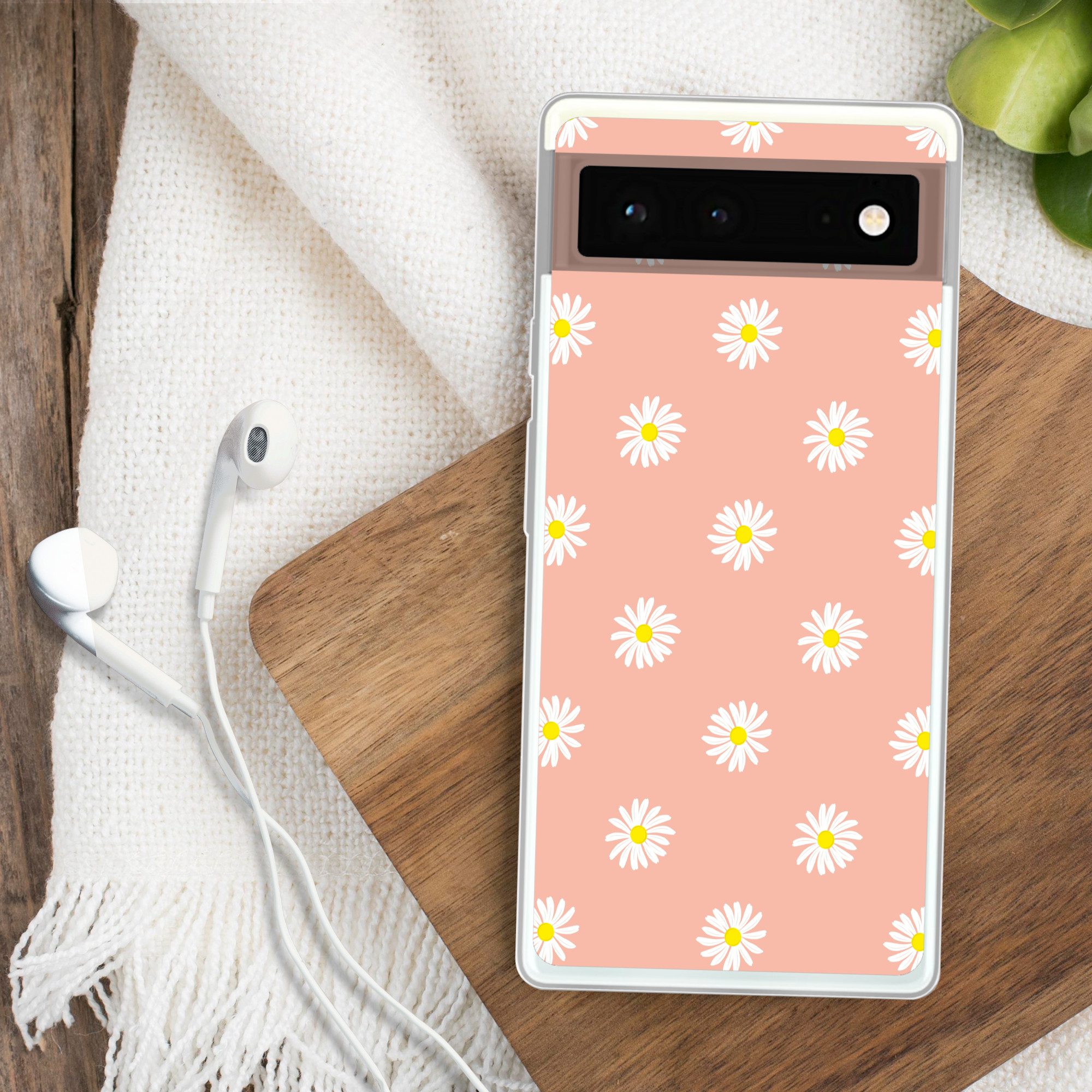 MuchoWow Handyhülle für Google Pixel 6 Gänseblümchen - Pastell - Weiß - Rosa - Blumendruck, Handy Case, Silikon, Bumper Case Dünn