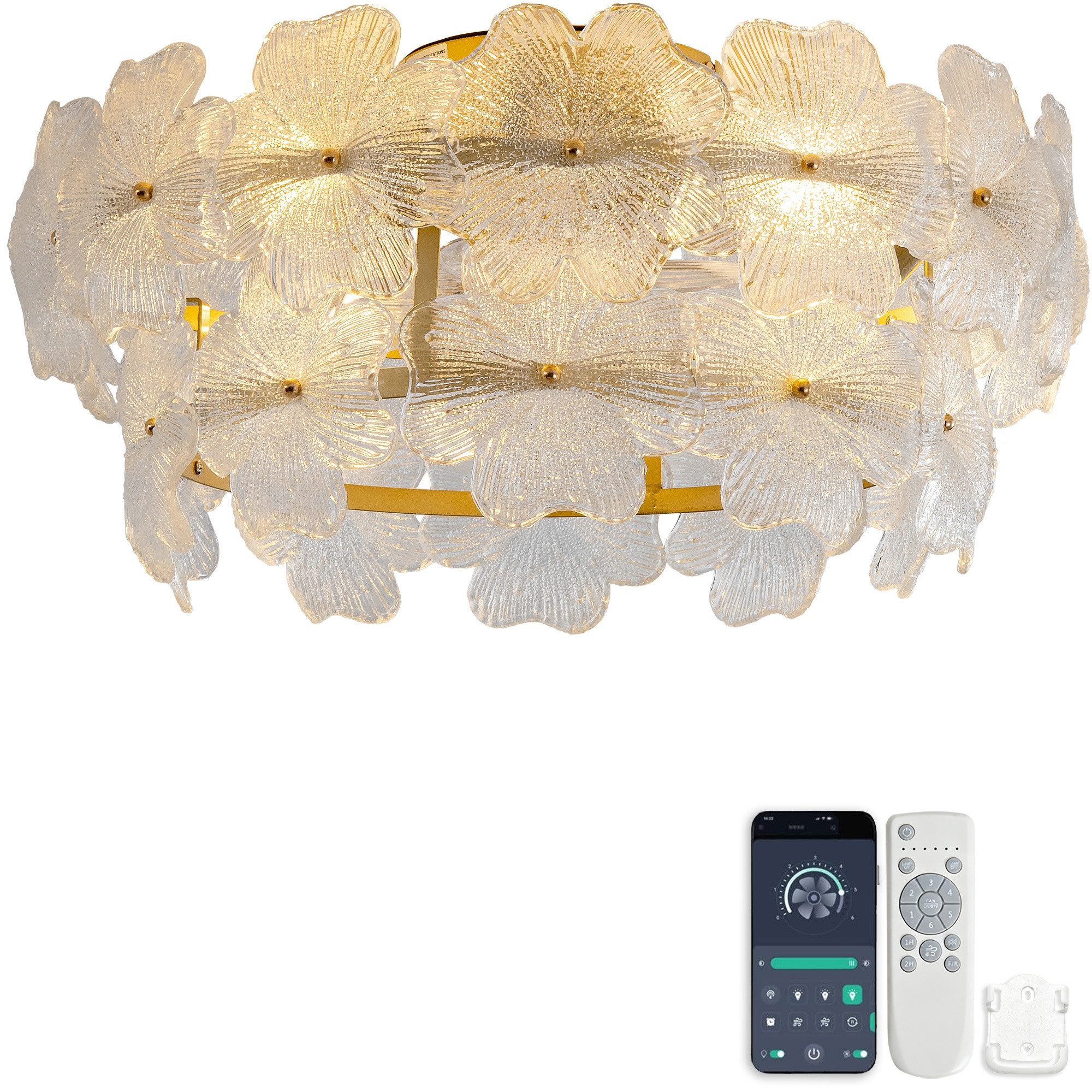 Blossom Deckenventilator Deckenventilator mit LED Deckenlampe 19 Zoll Kristallglas, ABS-Flügeln, 6 Geschwindigkeiten DC Motor Fernbedienung App Steuerung