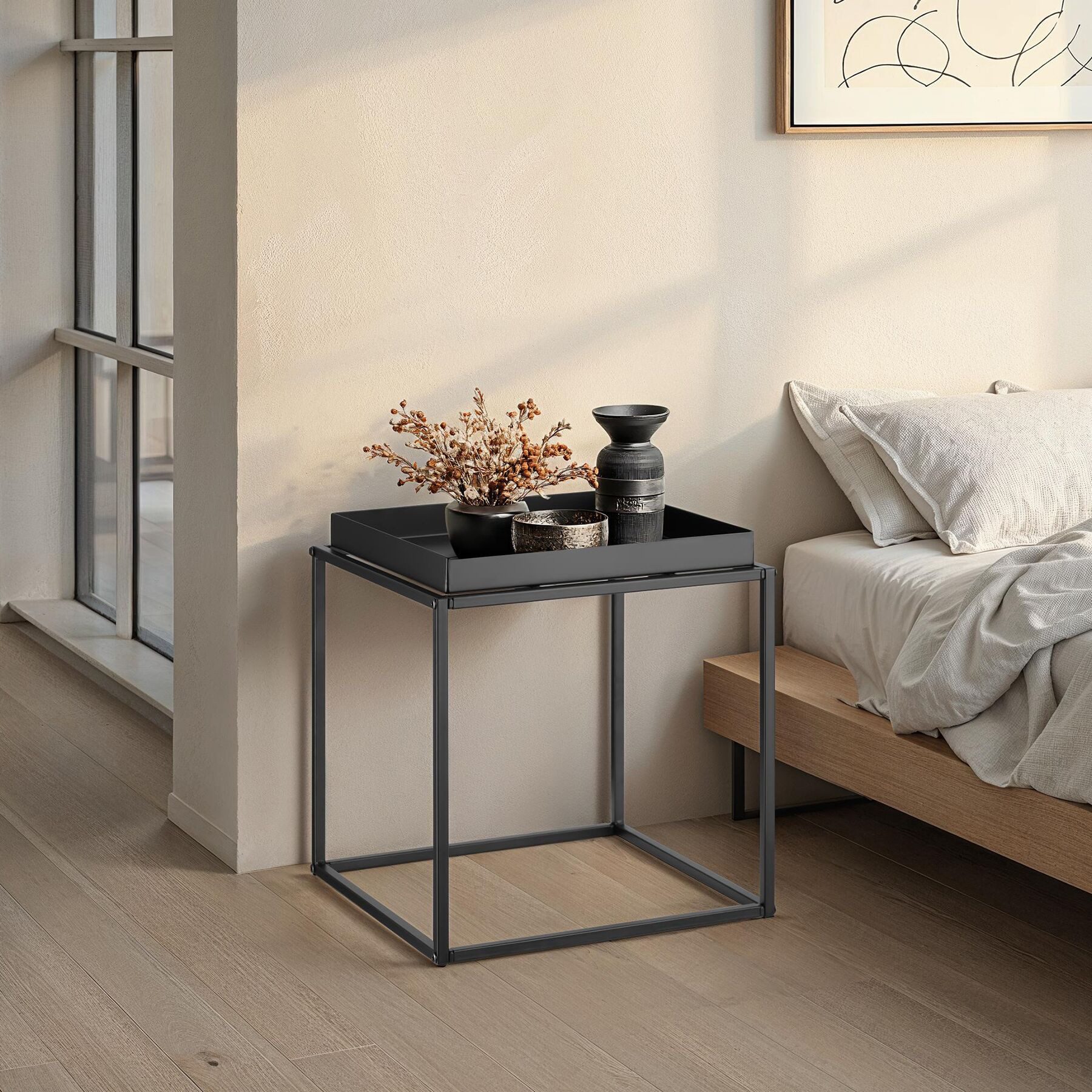 tectake Beistelltisch Ablagetisch, 40 x 40 x 44 cm, mit bodenschonenden Anti-Rutsch-Pads (Sofatisch Cambridge, 1-St., in schwarz), Stahl, ausgestattet mit Ablage in Tablettform, lässt sich stapeln