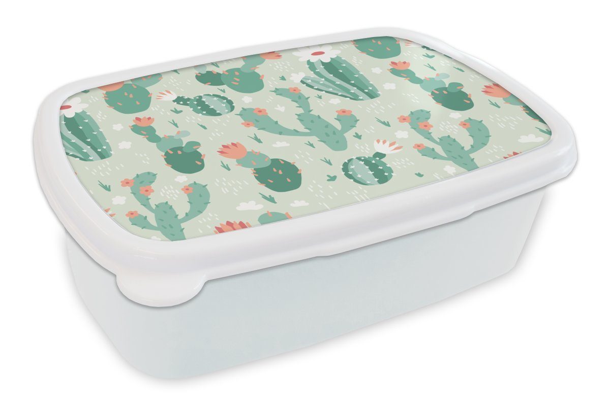 MuchoWow Lunchbox Kaktus - Muster - Blume, Kunststoff, (2-tlg), Brotbox für Kinder und Erwachsene, Brotdose, für Jungs und Mädchen weiß