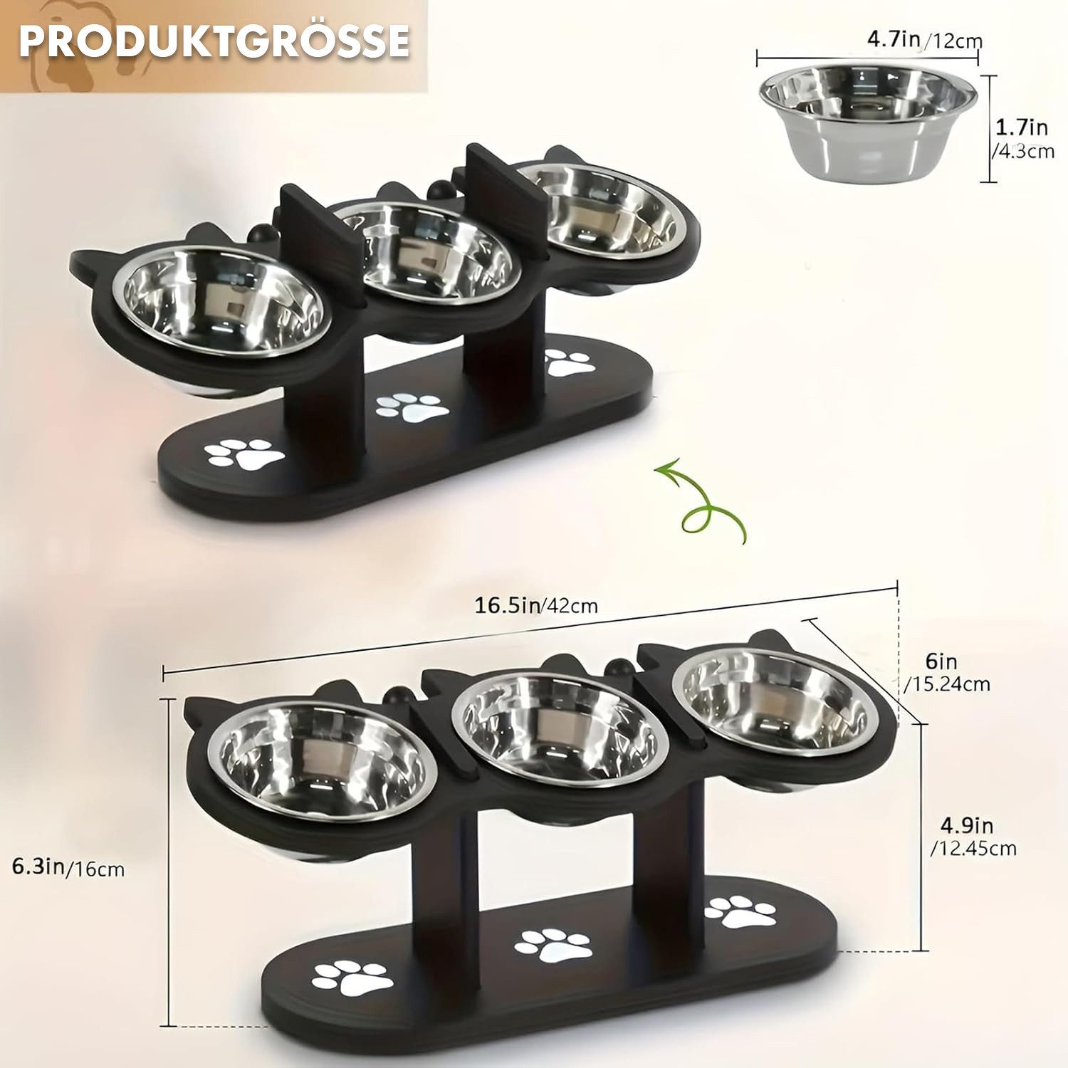 Refined Living Futternapf Katzennapf Erhöht Superdesign 15 Grad Neigung Hundenapf Erhöht, Napf-Set, Höhenverstellbarer Futternapf-Ständer 3 Edelstahlschalen