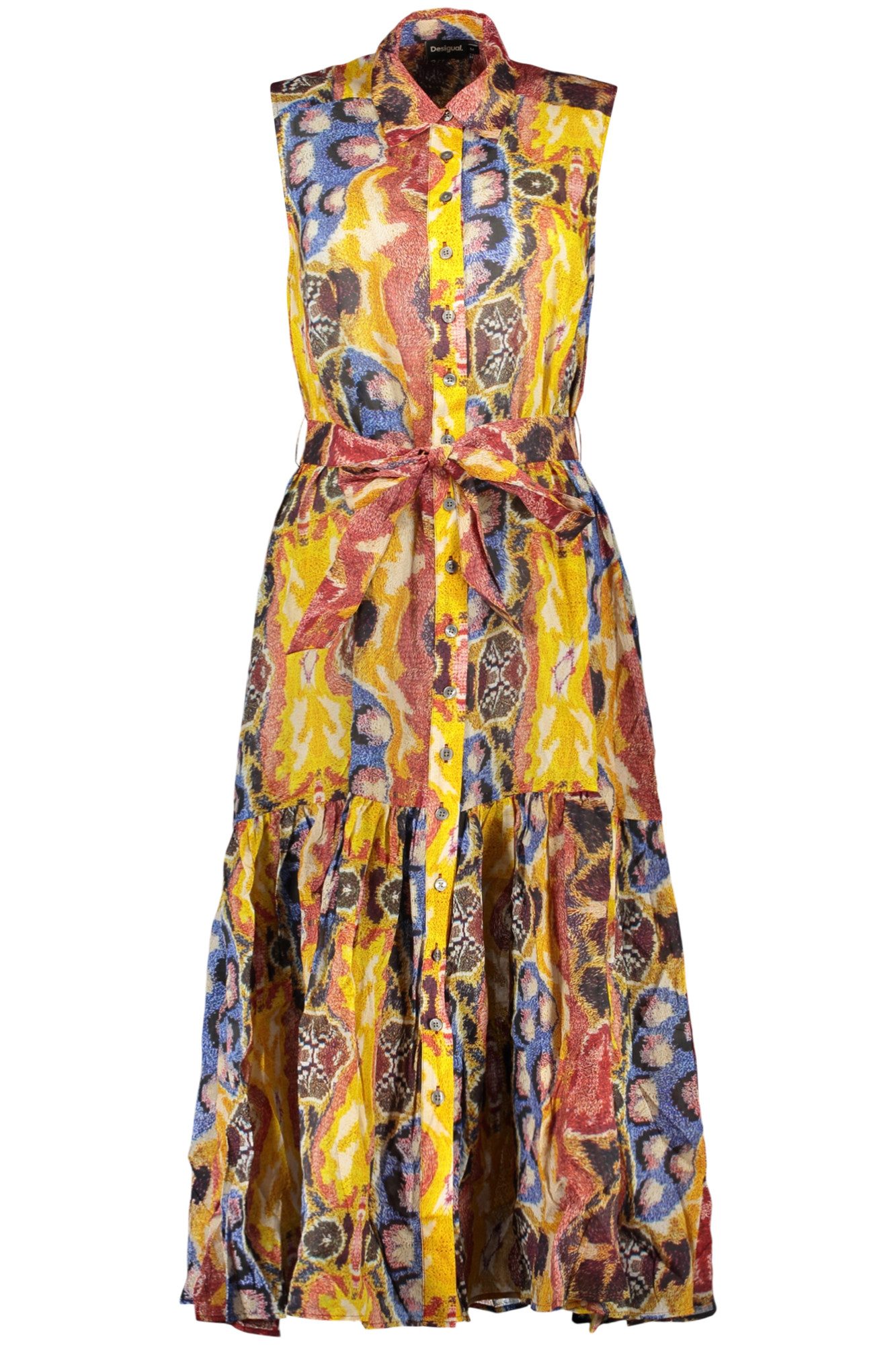 Desigual Partykleid Stilvolles langes Damenkleid in Gelb mit Muster und Taillengürtel