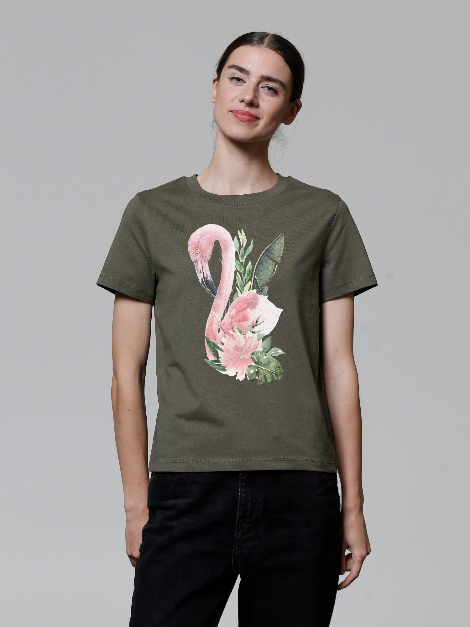 wat? Apparel T-Shirt Flamingo mit Blumen