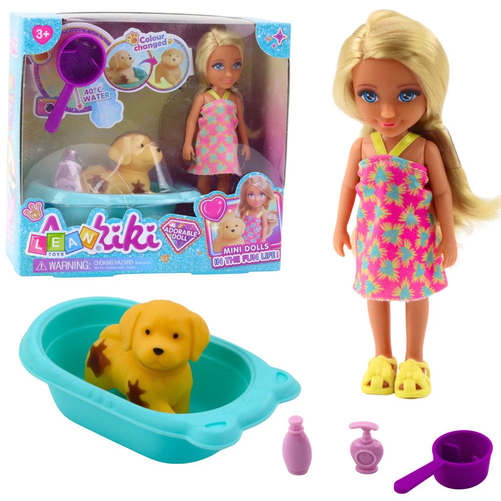LEAN TOYS Puppen Badewanne Badeset Tierpflege Puppenzubehör, (Spar-Set, 1-tlg., 13 x 5 x 3 cm robust), Farbwechsel im Wasser, Hund, Badewanne, Zubehör