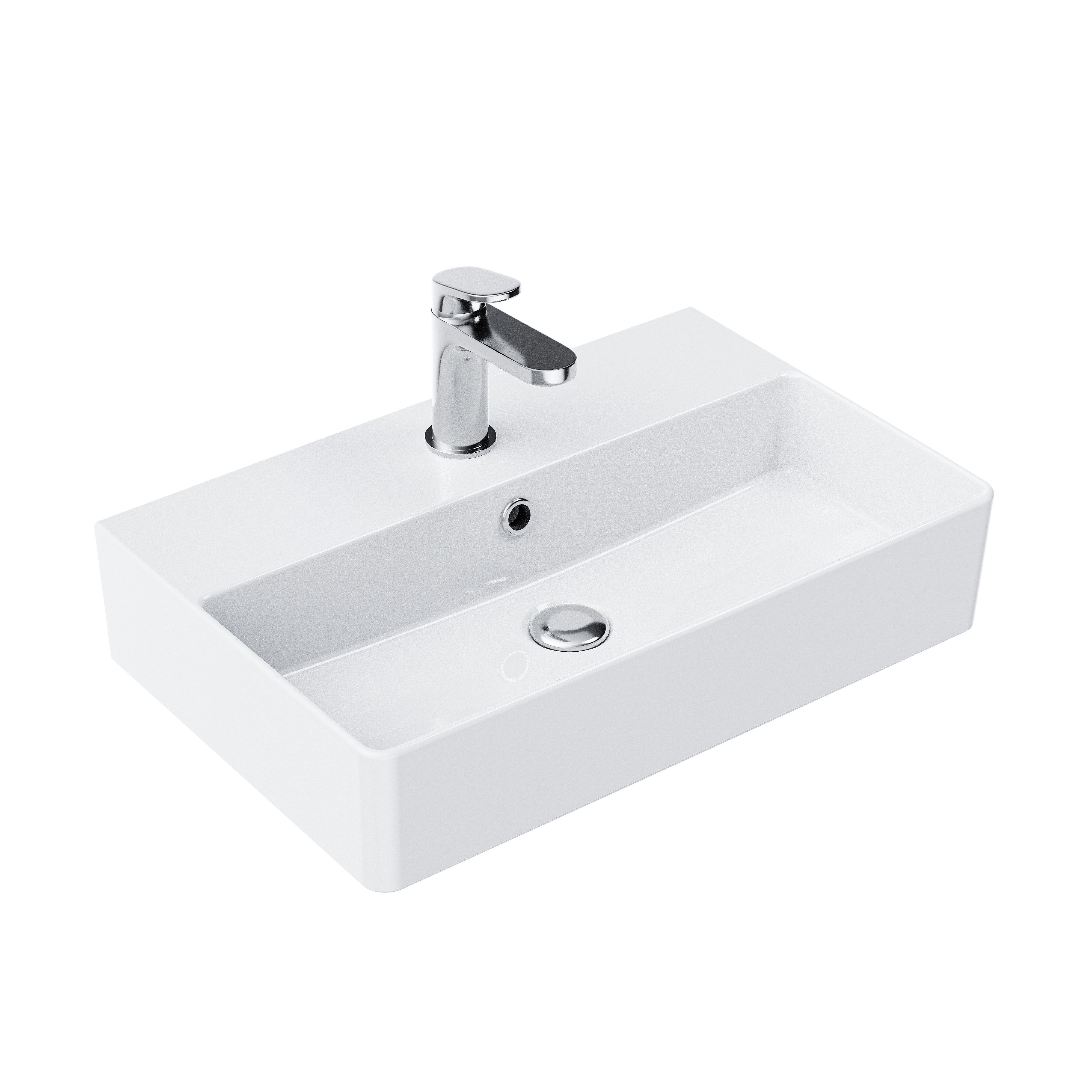 HOROW Waschbecken Keramik Aufsatzwaschbecken Hängewaschbecken 50cm 60cm 75cm (Badezimmer Waschtisch, mit Hahnloch und Überlauf - Weiß/Schwarz)