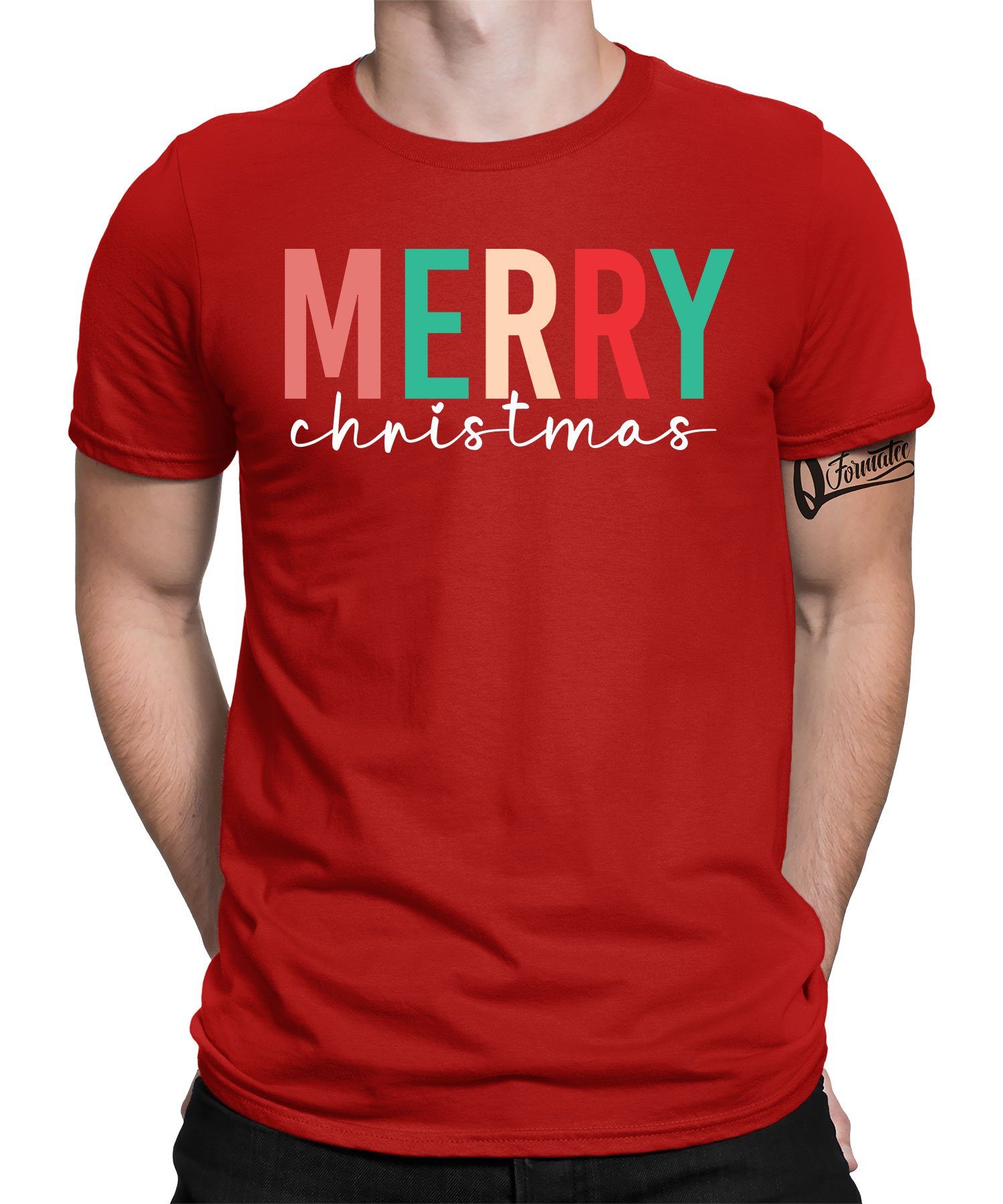 Weihnachten (1-tlg) Christmas T-Shirt Weihnachtsgeschenk Herren Kurzarmshirt Quattro - Formatee Rot X-mas Merry