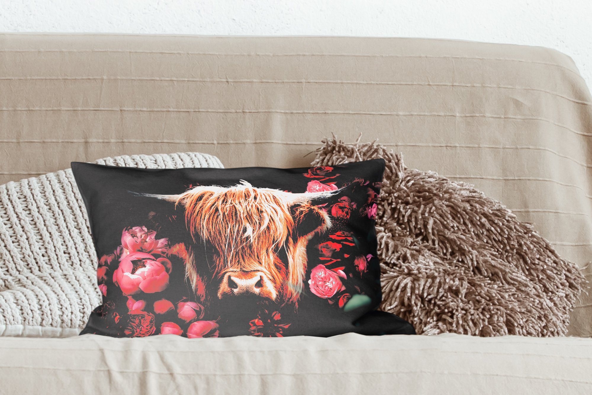 Schottischer Füllung, Botanisch, - Dekokissen Dekokissen MuchoWow Schlafzimmer Zierkissen, Highlander mit Wohzimmer - - Kuh Dekoration, Blumen