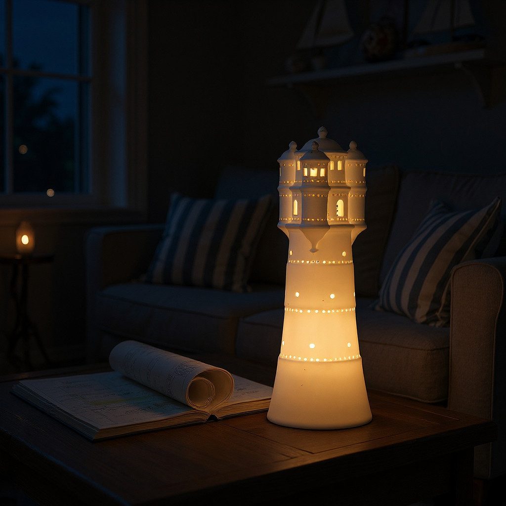 GILDE Tischleuchte Leuchtturm 34083 – Maritime Porzellanlampe weiß, 35 cm, ohne Leuchtmittel