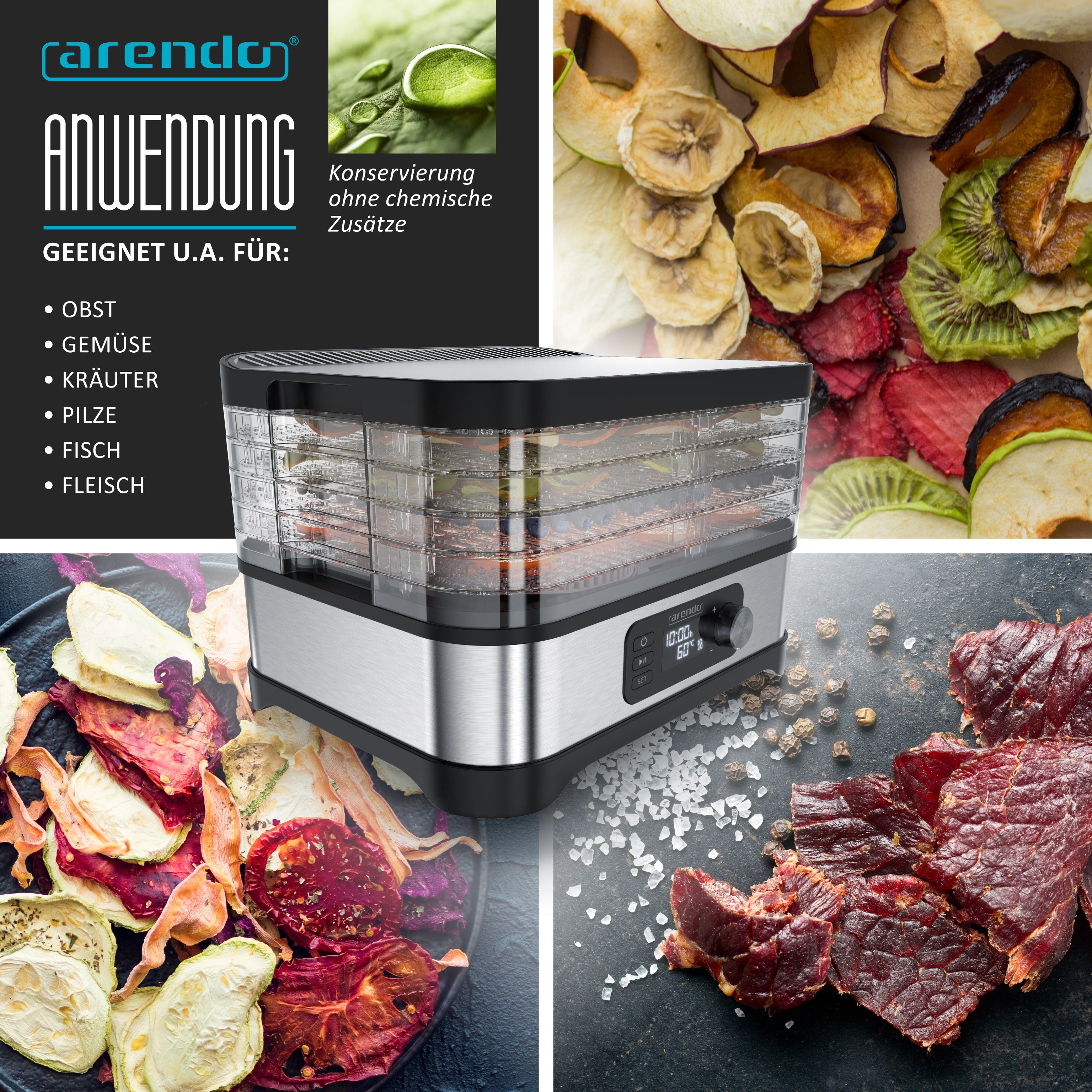 Arendo Dörrautomat mit Temperaturregler, 5 Etagen, 35-70°C, Edelstahl, Dörrgerät 400 W, 5 Etagen, Timer 24h, BPA-frei, für Fleisch/Obst/Gemüse, GS, 5 Einlegefächer
