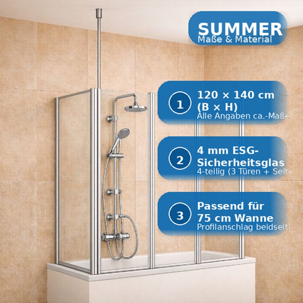 welltime Badewannenaufsatz Summer 3-teilig + feste Seitewand, Einscheibensicherheitsglas, (4 tlg), Deckenhöhe bis 240cm geeignet, Glaswand bestehend aus vier El – Bild 4 von 5