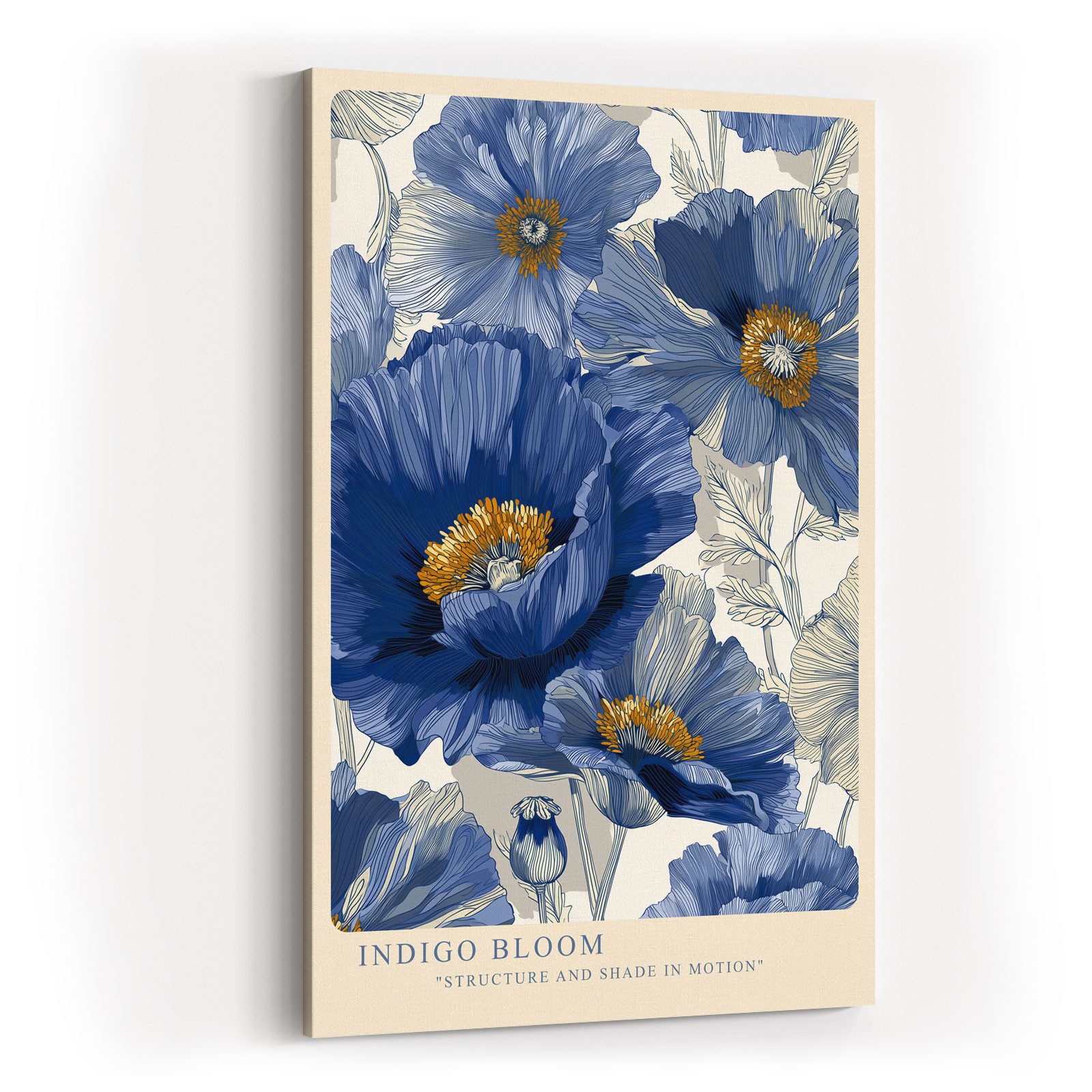 Sinus Art Leinwandbild Mohn Blumen Blau Gold Gelb Modern Design Wandbild Leinwand Kunst