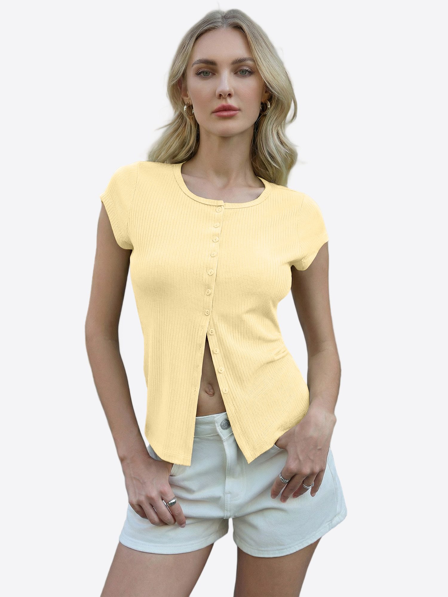 Imily Bela Strickjacke Damen enganliegende Strickbluse mit Knopfleiste (Packung, 1-tlg., 1per-Pack) in Unifarbe