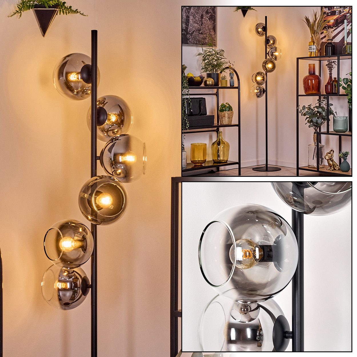 Stehlampe Stehlampe aus Metall/Glas in Schwarz/Chrom-/Rauchfarben/Klar