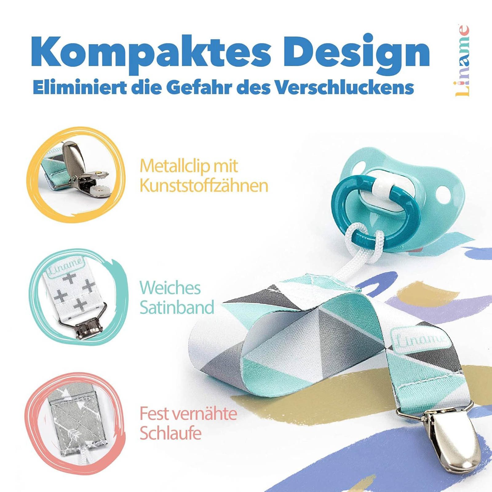 Liname Schnullerbefestigung 4er Set Schnullerkette Schnuller Halter Schnullerhalter Schnullerband, mit Metall Clip inkl. Beißspielzeug