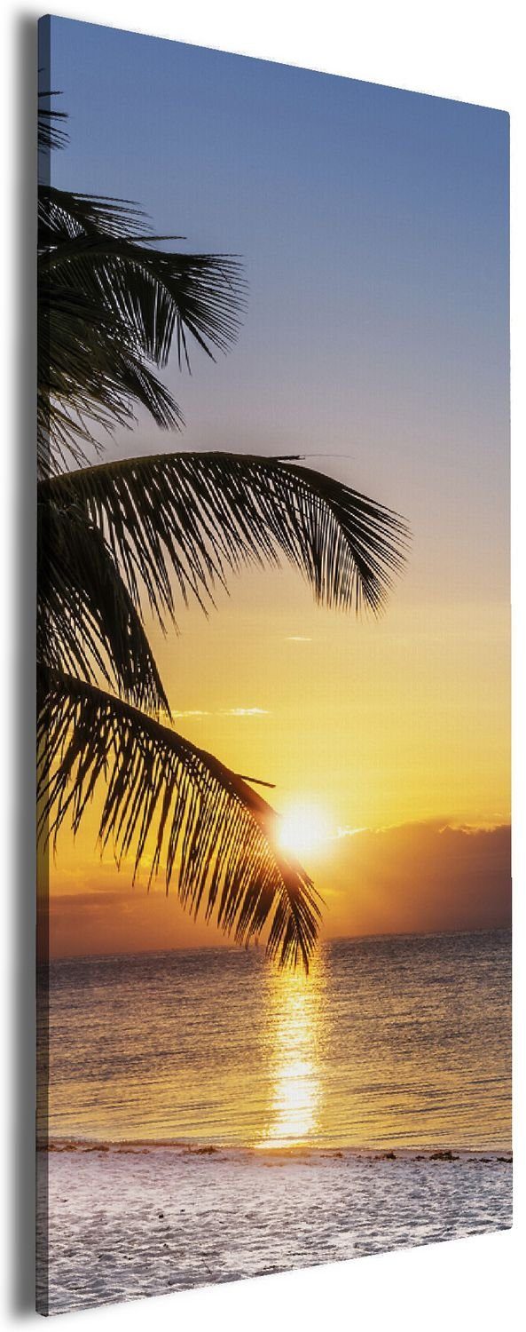 Wallario Leinwandbild, Palme am Strand - Sonnenuntergang über dem Meer, in verschiedenen Ausführungen