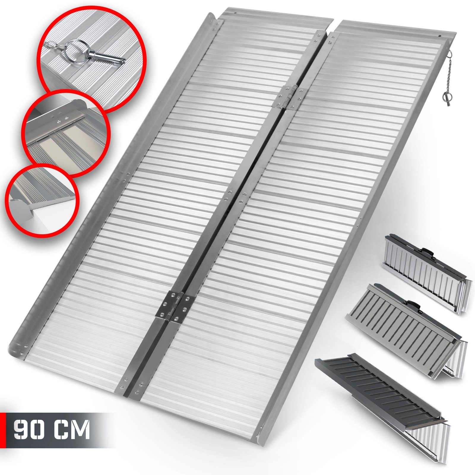Auffahrrampe Rollstuhlrampe-Aluminium, Mobile Klappbar, Größen 90/122/150cm, 270kg
